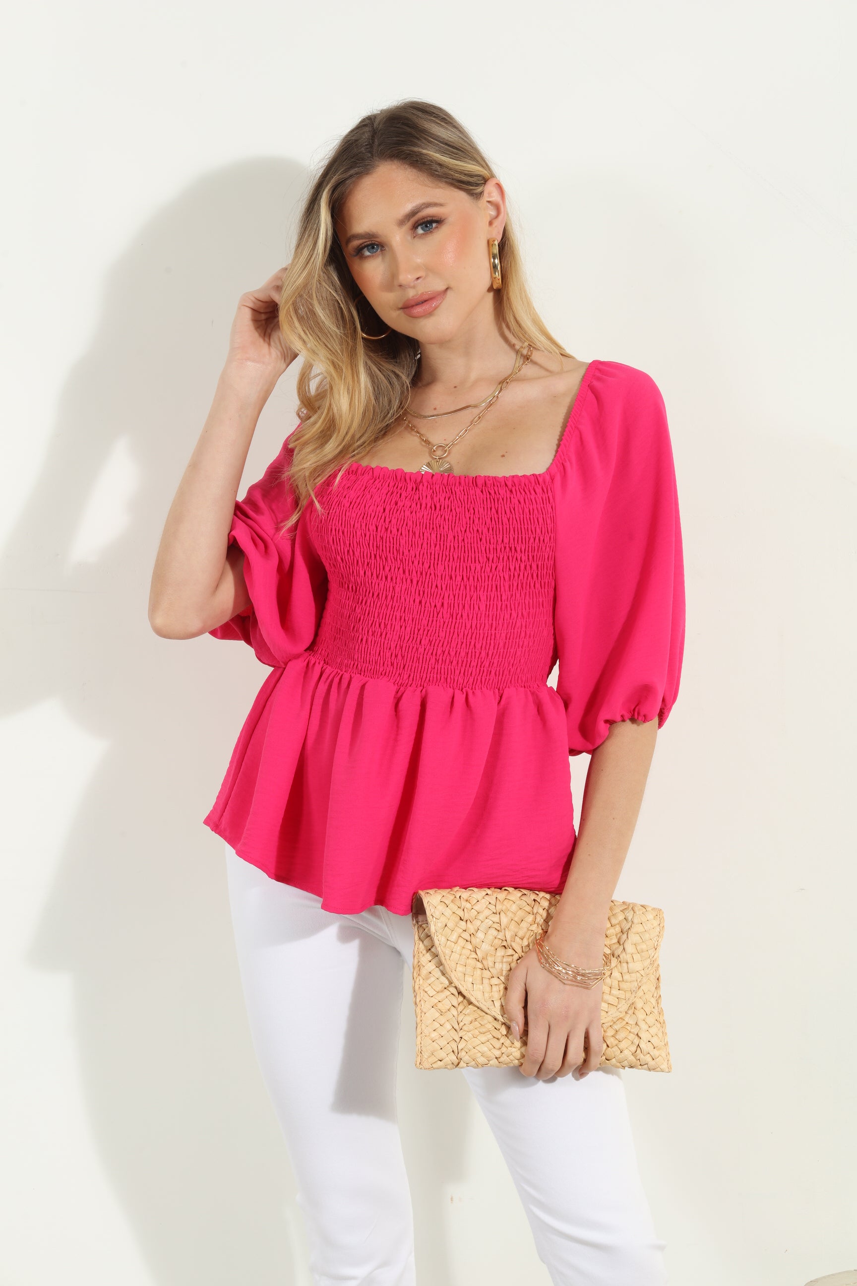 Fuchsia Airflow Smocked Blouse-FINAL SALE