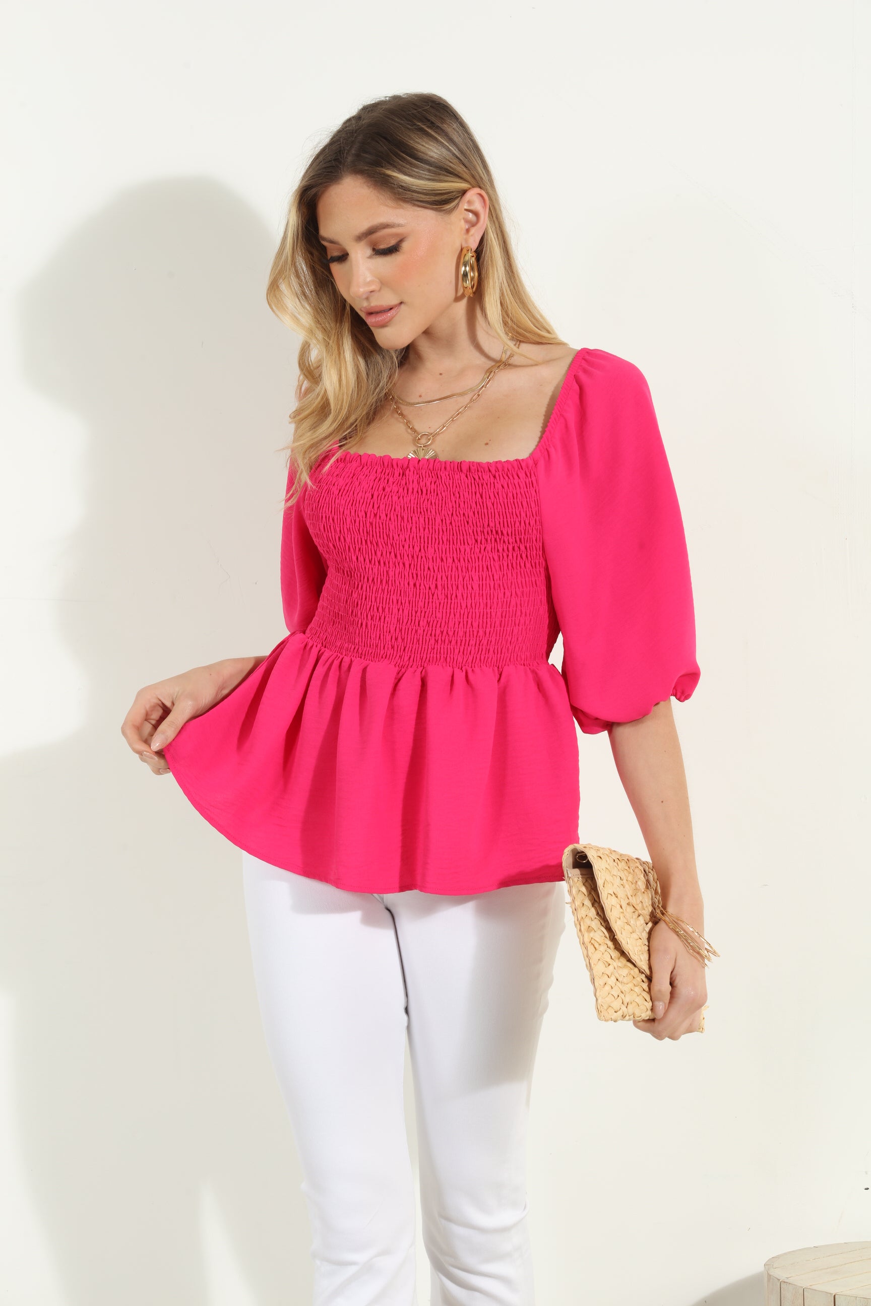 Fuchsia Airflow Smocked Blouse-FINAL SALE