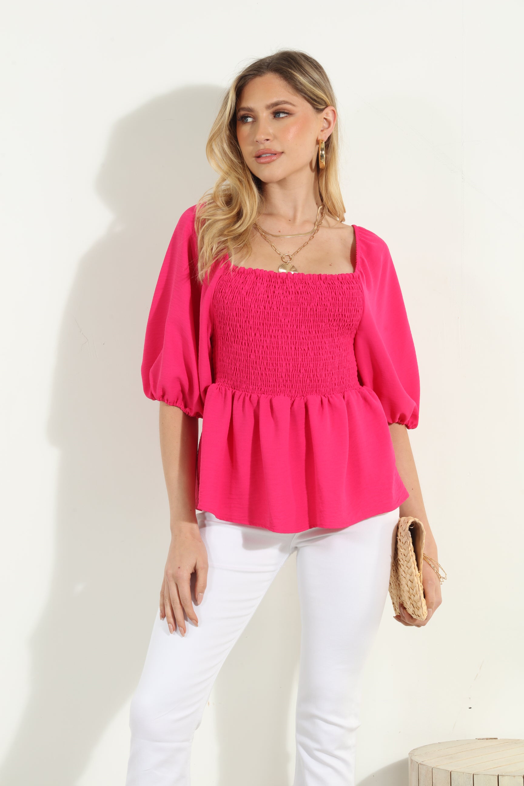 Fuchsia Airflow Smocked Blouse-FINAL SALE