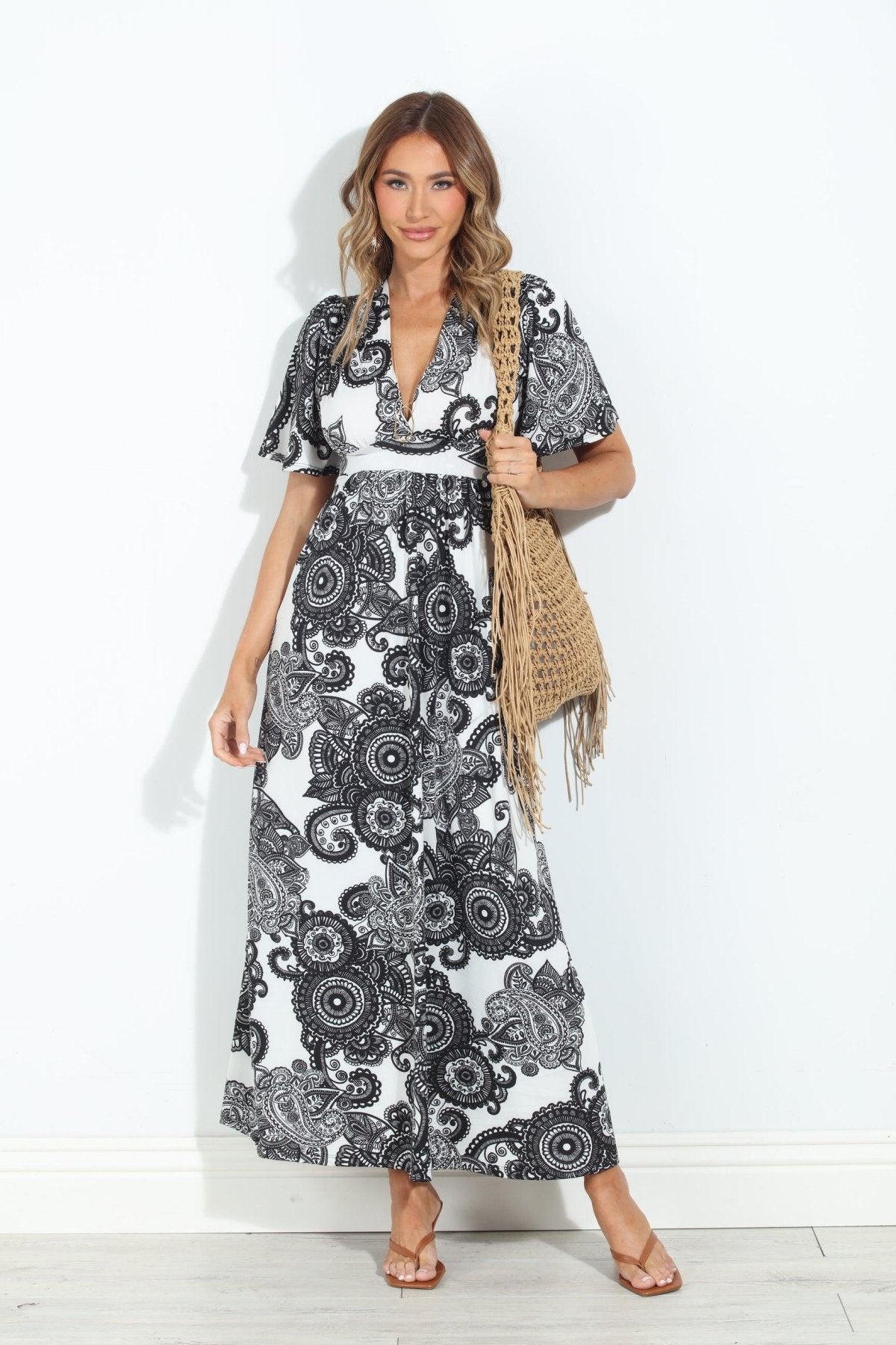 Bloom Stretch Deep V Flutter Sleeve Maxi Dress-BEST SELLER