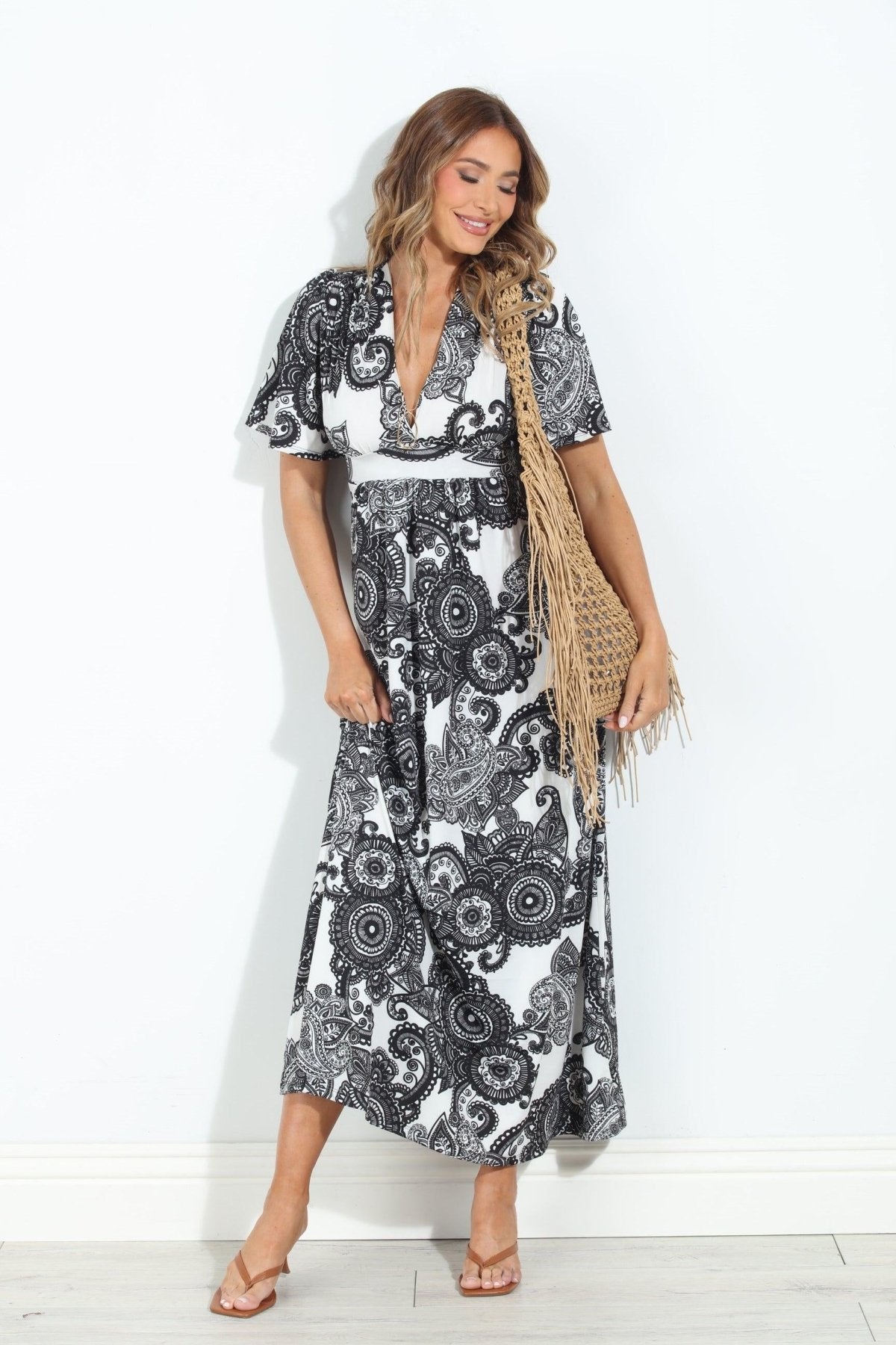 Bloom Stretch Deep V Flutter Sleeve Maxi Dress-BEST SELLER