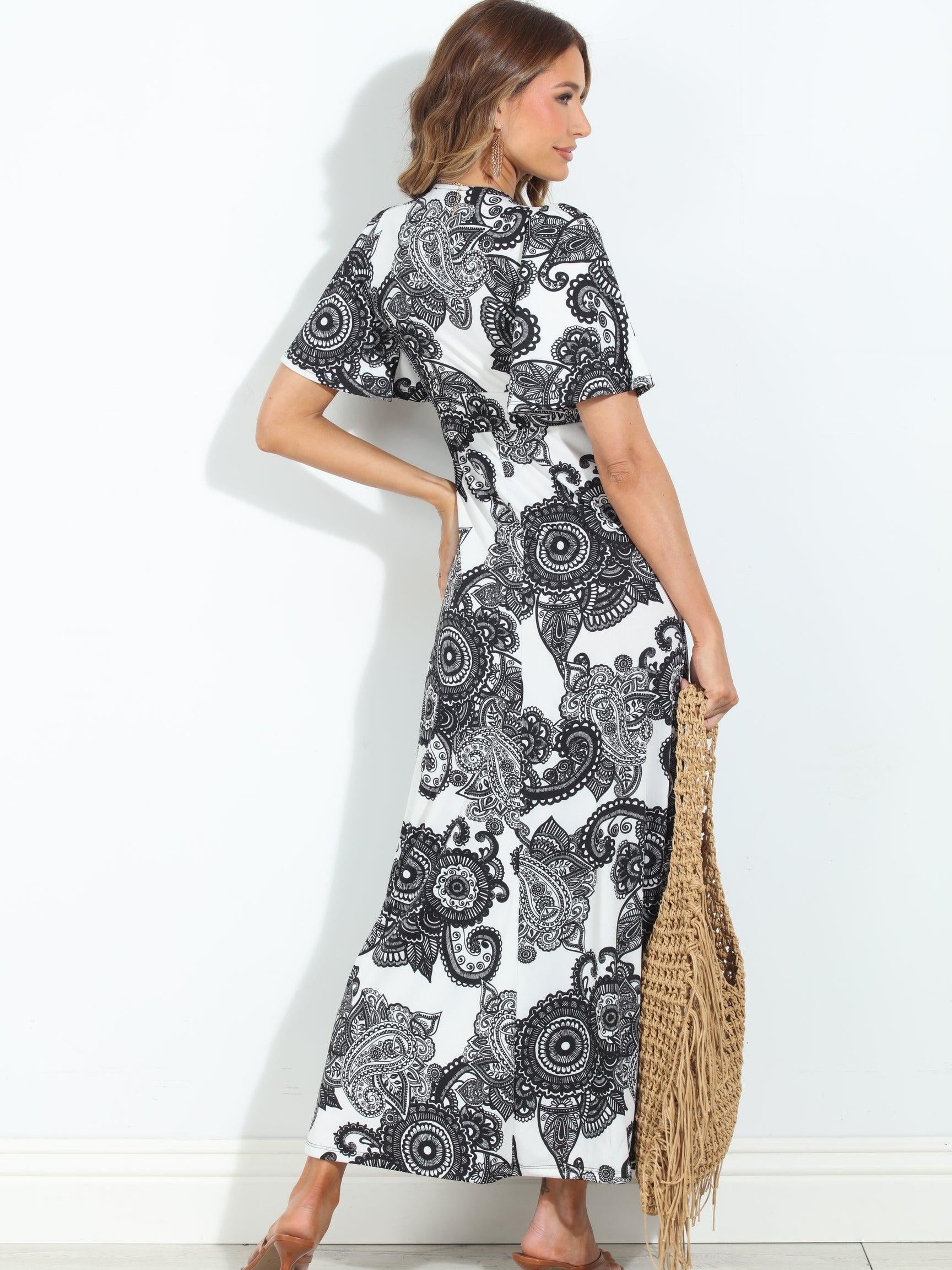 Bloom Stretch Deep V Flutter Sleeve Maxi Dress-BEST SELLER