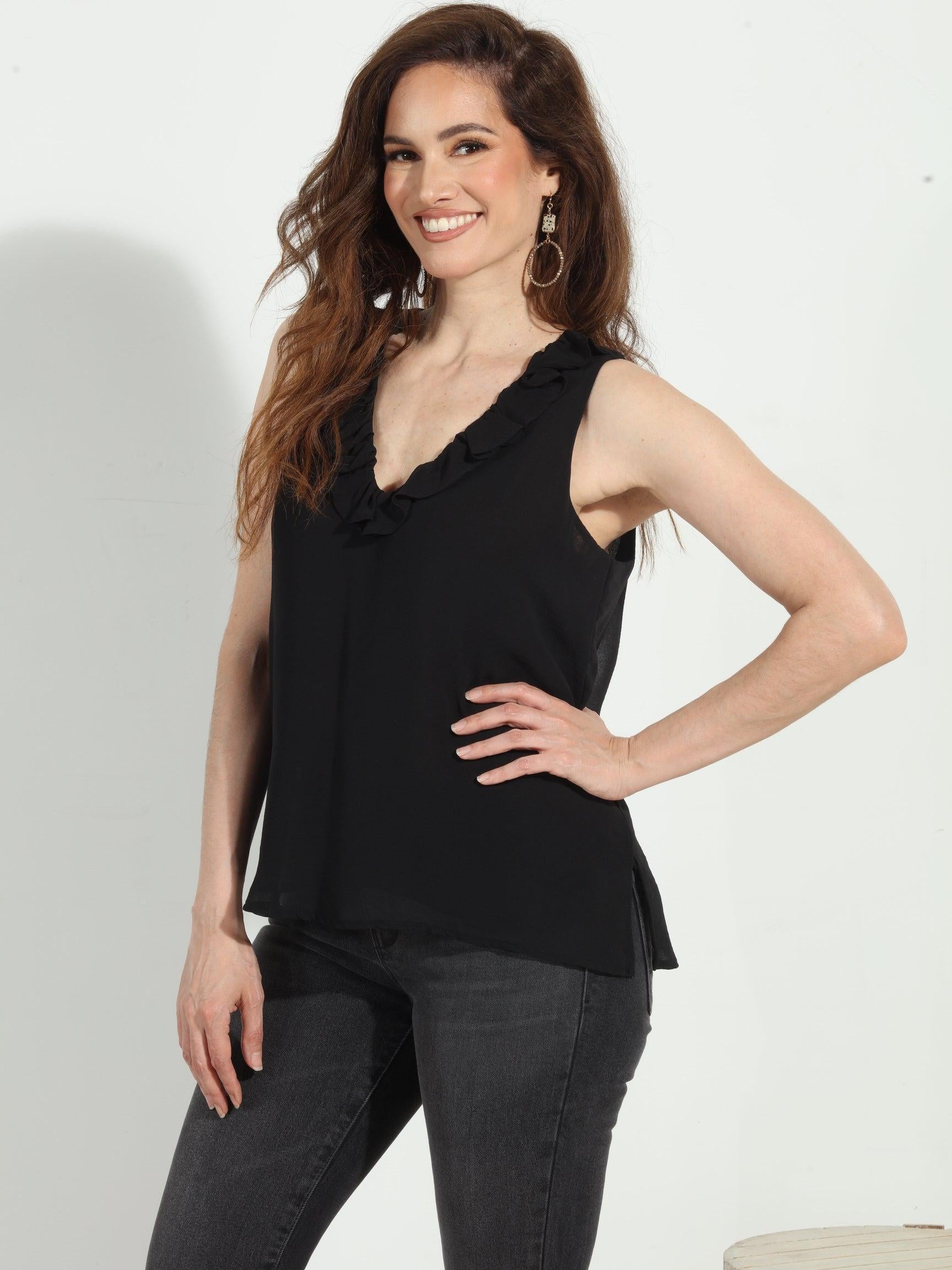 Black Chiffon Ruffle Tank