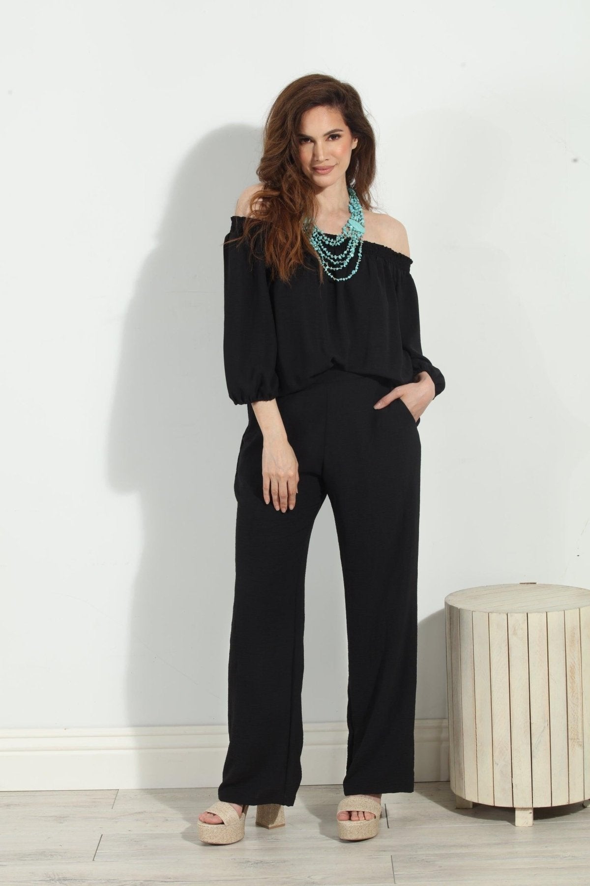 Black Airflow Smocked OTS Top