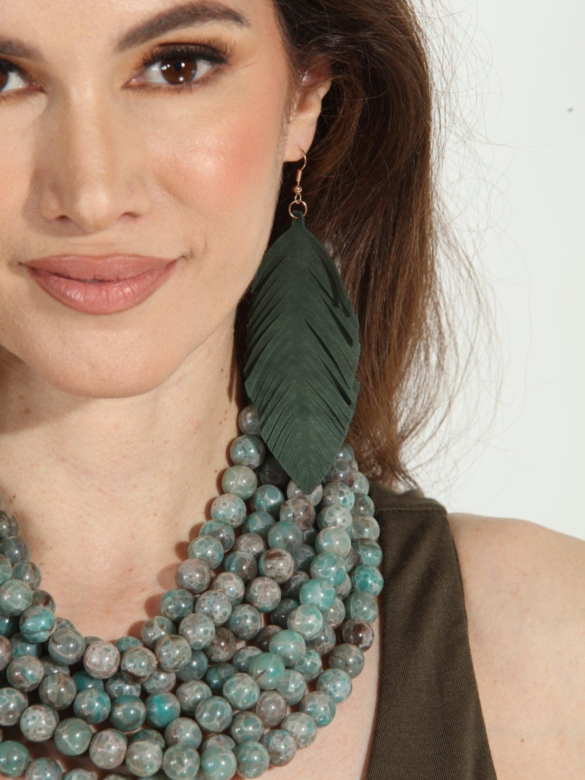 Moss Faux Leather Feather Earrings-FINAL SALE