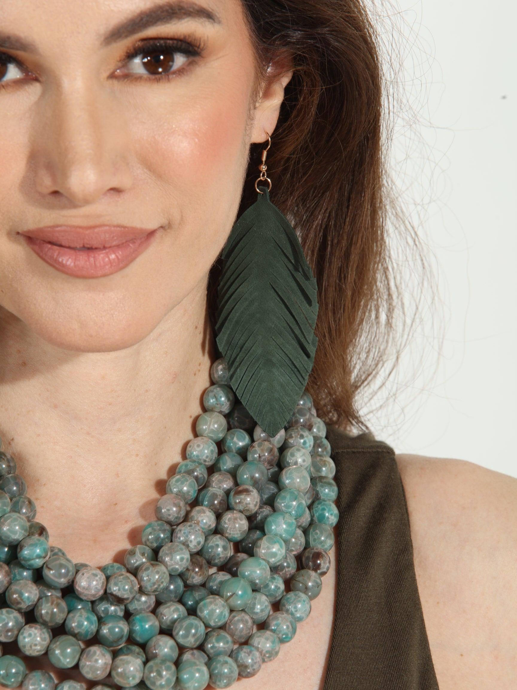 Moss Faux Leather Feather Earrings-FINAL SALE