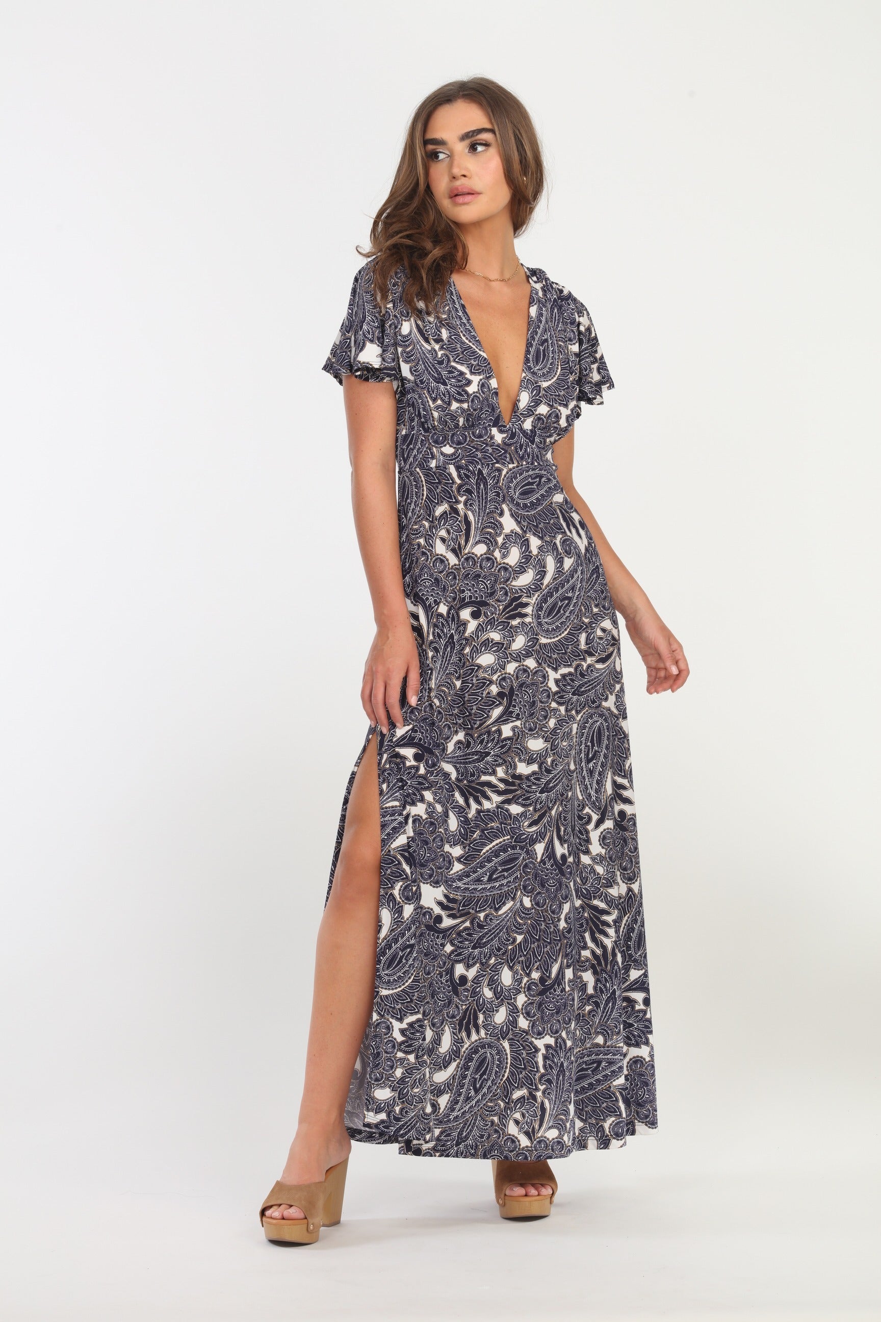 Wynter Deep V Flutter Sleeve Maxi Dress