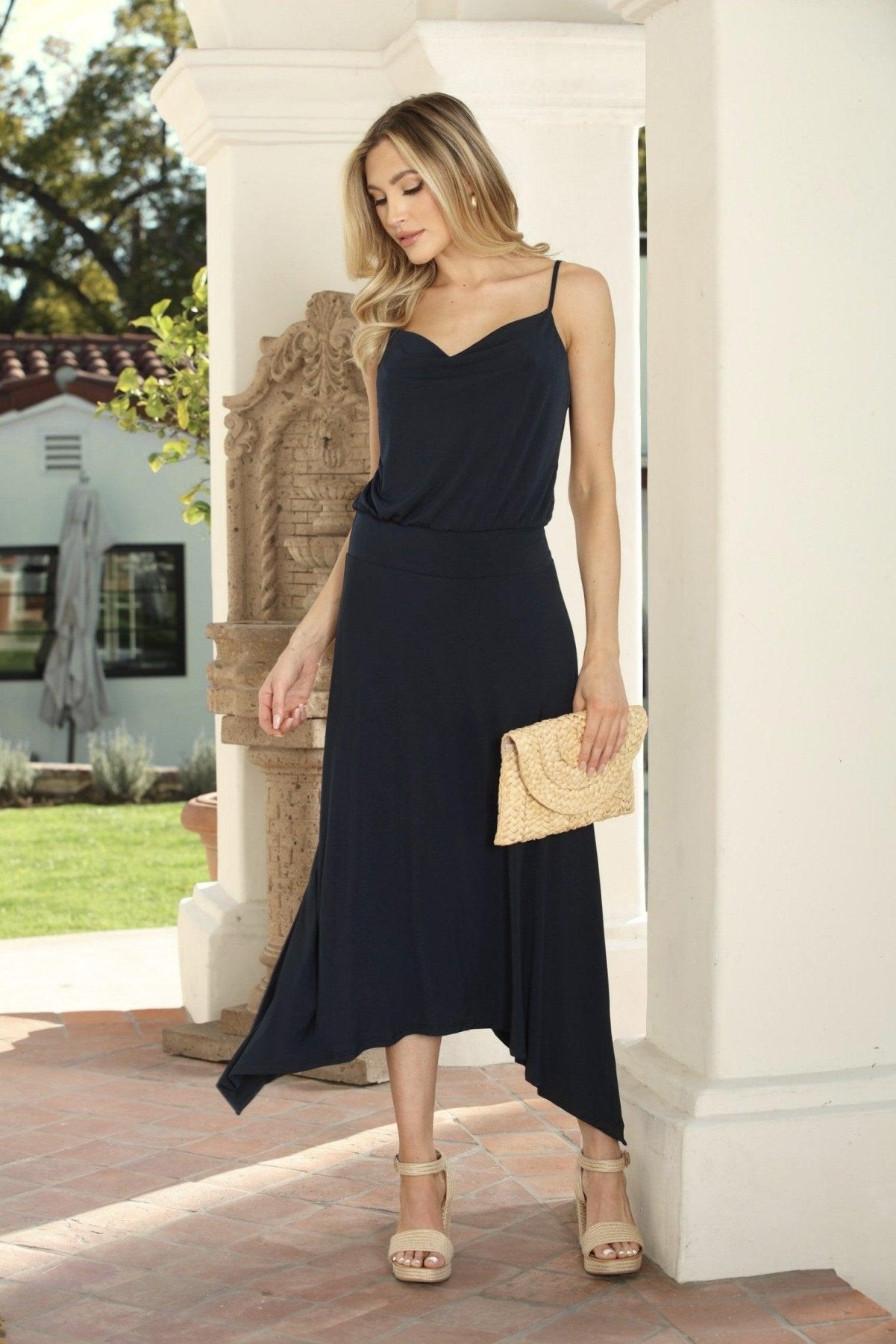 Black Stretch Cowl Midi Dress-BEST SELLER