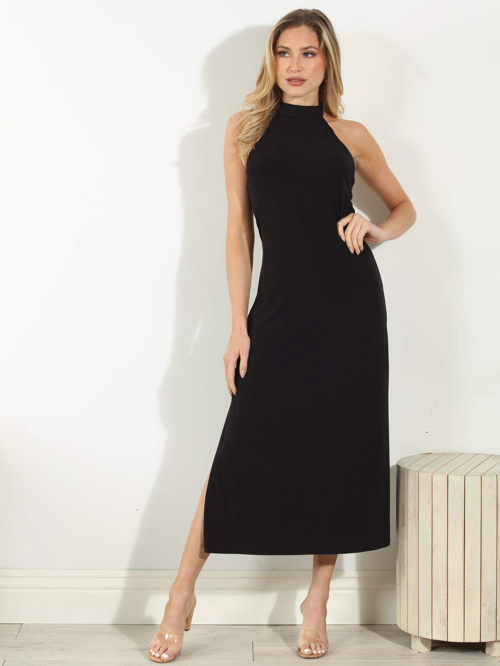 Black Halter Midi Stretch Dress