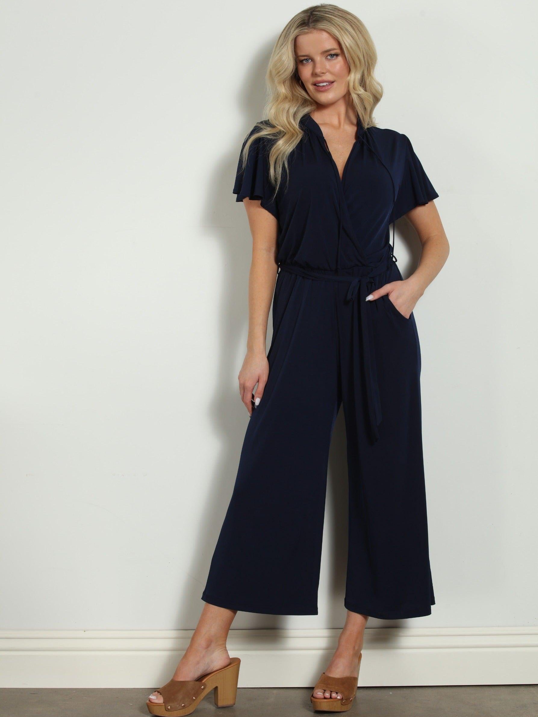 Navy Stretch Culotte Short Sleeve Jumpsuit