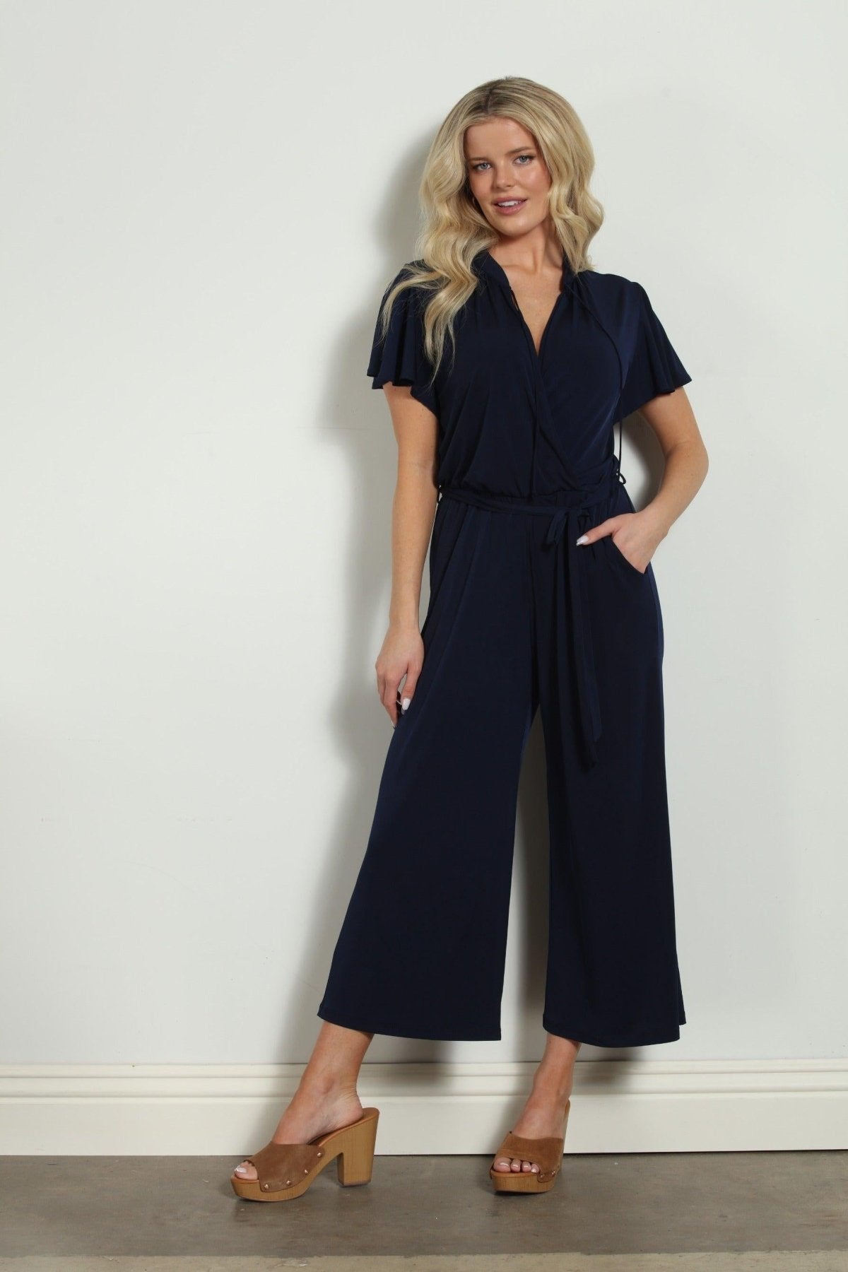 Navy Stretch Culotte Short Sleeve Jumpsuit
