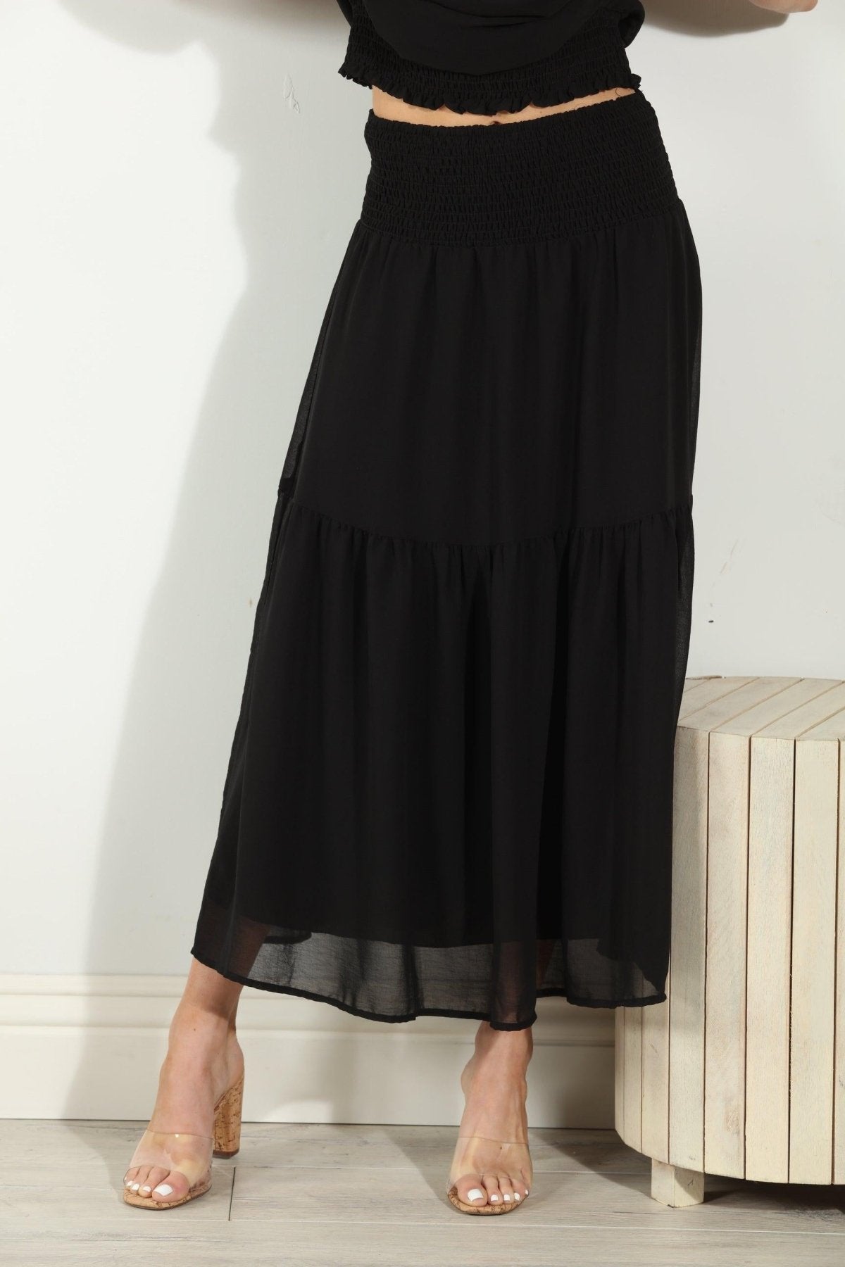 Black Chiffon Ruffle Midi Skirt-BEST SELLER