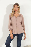 Camel Cupro Stretch Split Neck Top