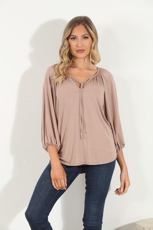 Camel Cupro Stretch Split Neck Top