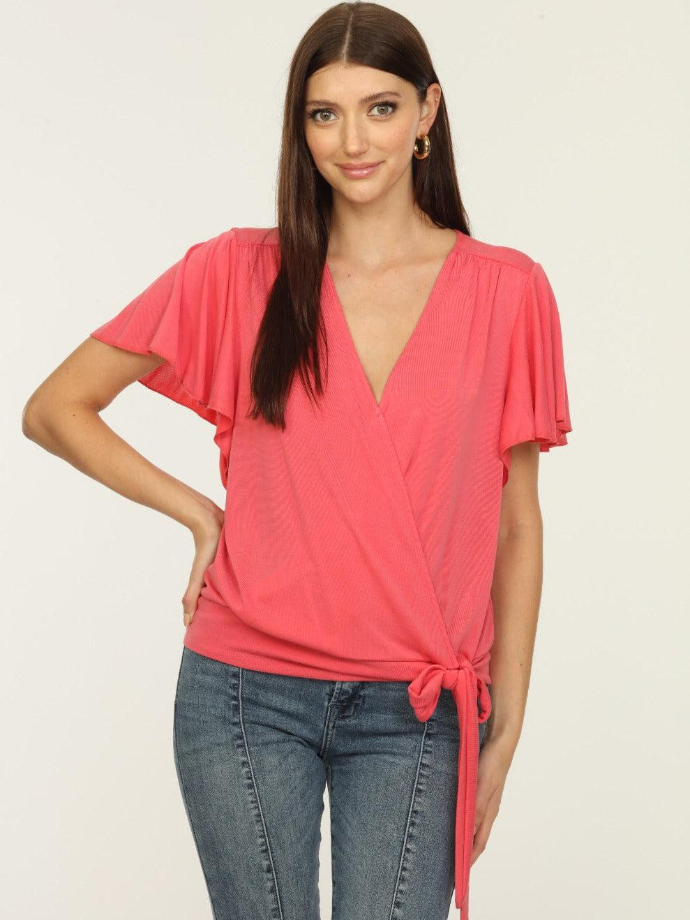 Coral Short Sleeve Wrap Top-FINAL SALE