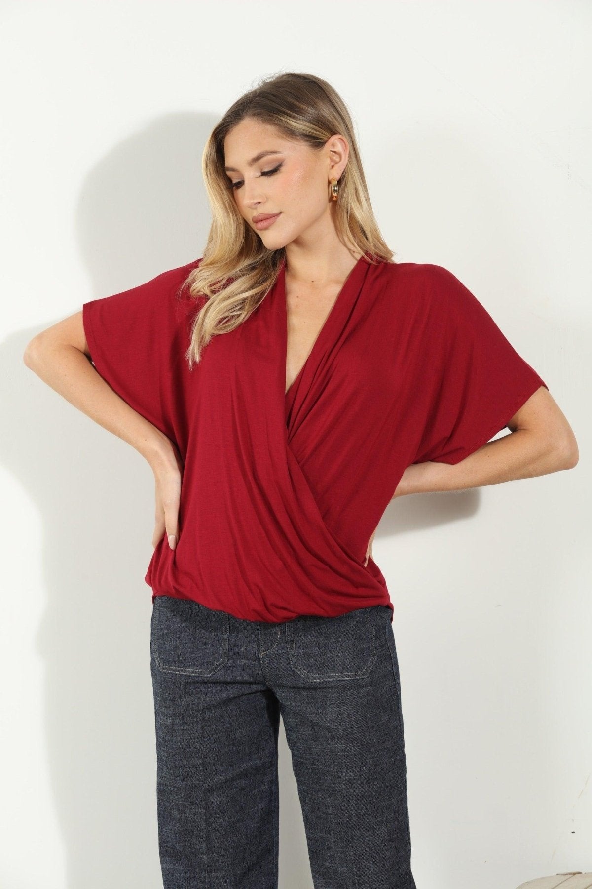 Maroon Cupro Surplice Tee-BEST SELLER