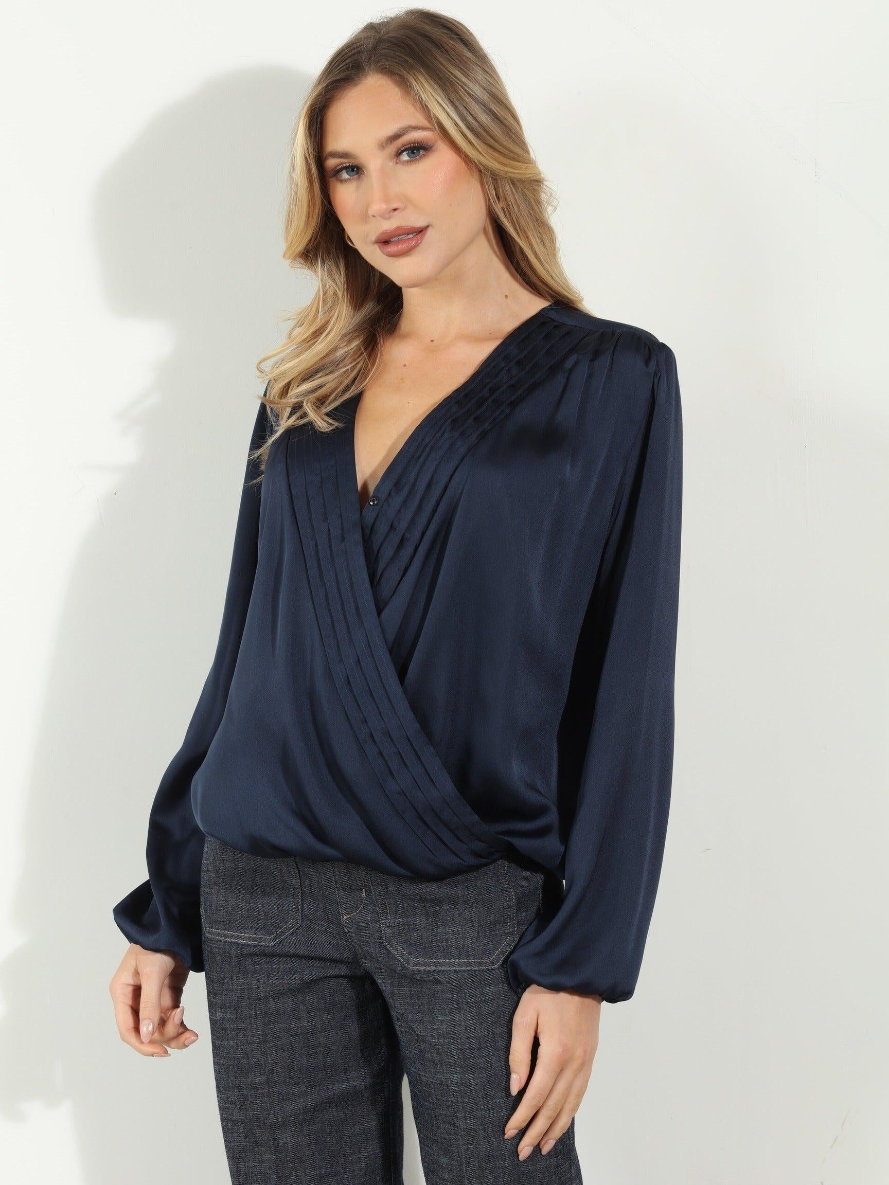 Navy Satin Surplice Pleated Top- FINAL SALE