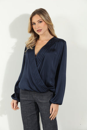 Navy Satin Surplice Pleated Top- FINAL SALE