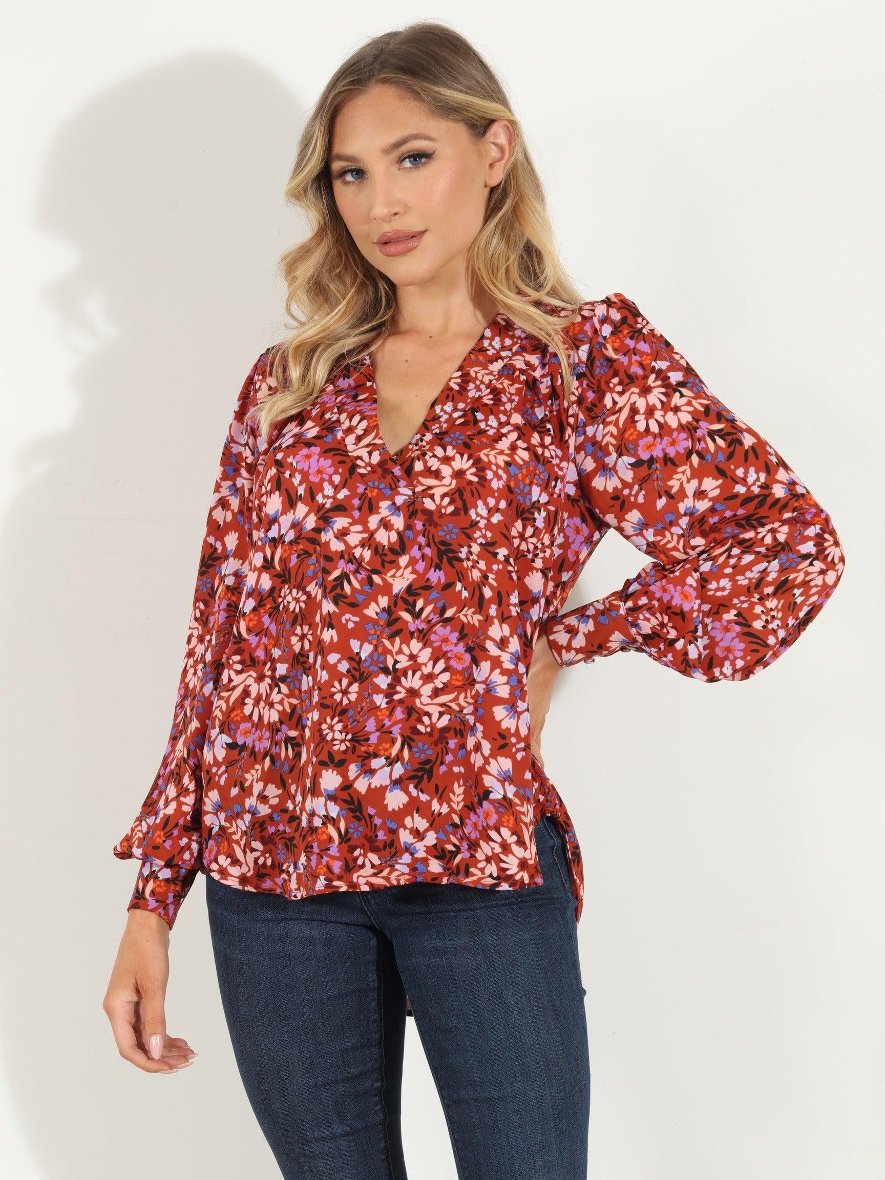 Sofie V Neck Cuffed Blouse-FINAL SALE