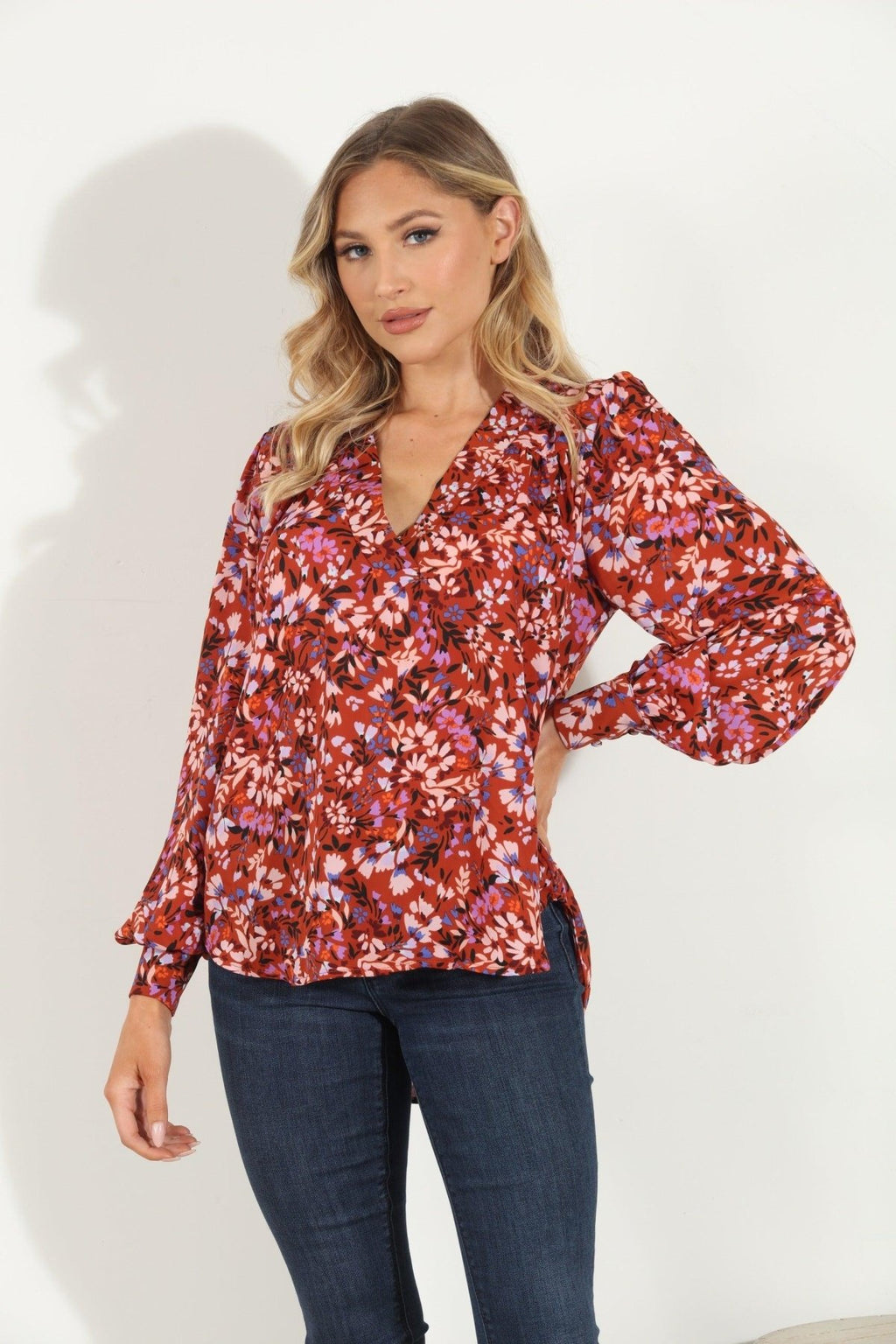Sofie V Neck Cuffed Blouse-FINAL SALE