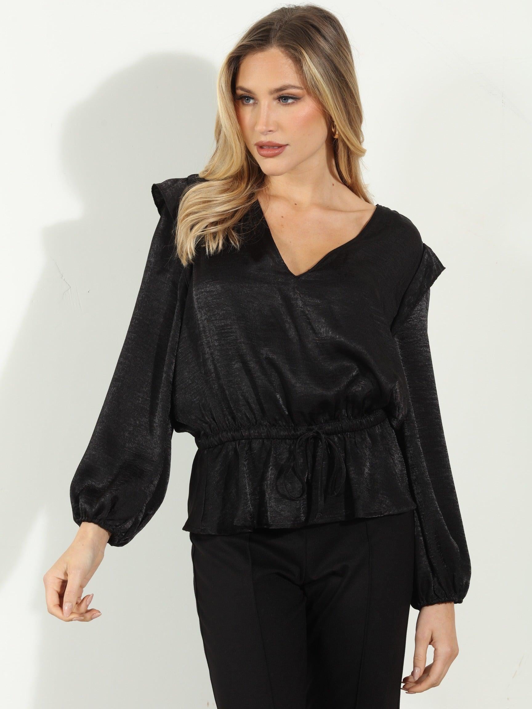 Matte Black Satin V-Neck Peplum Blouse-FINAL SALE