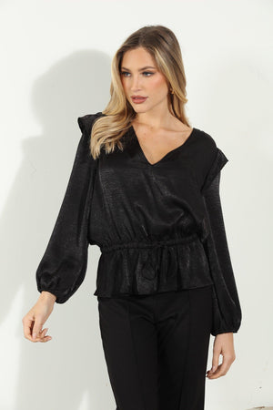 Matte Black Satin V-Neck Peplum Blouse-FINAL SALE