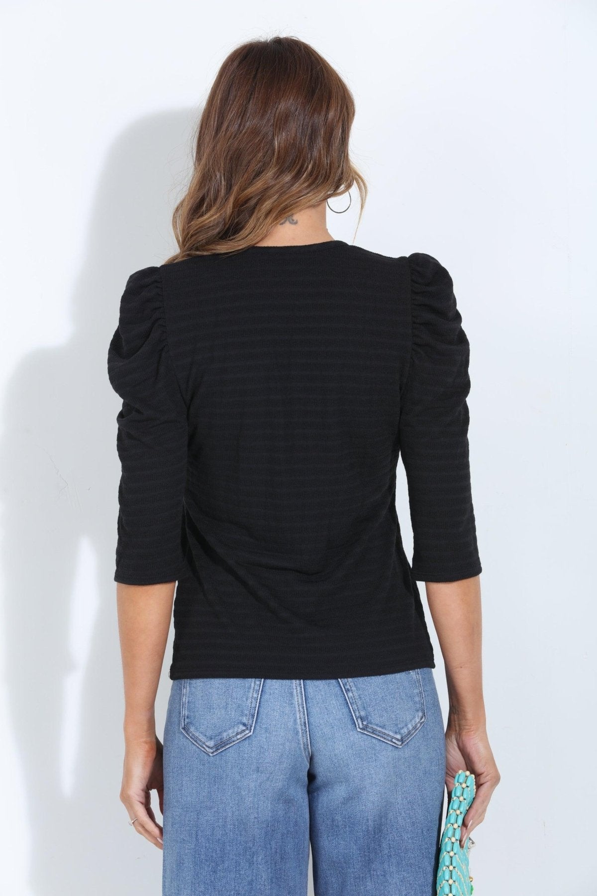 Black Rib Tucker Puff Sleeve Tee-BEST SELLER