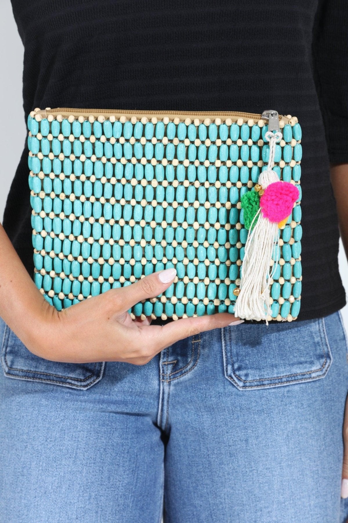 Agua Wooden Bead Clutch- Turquoise