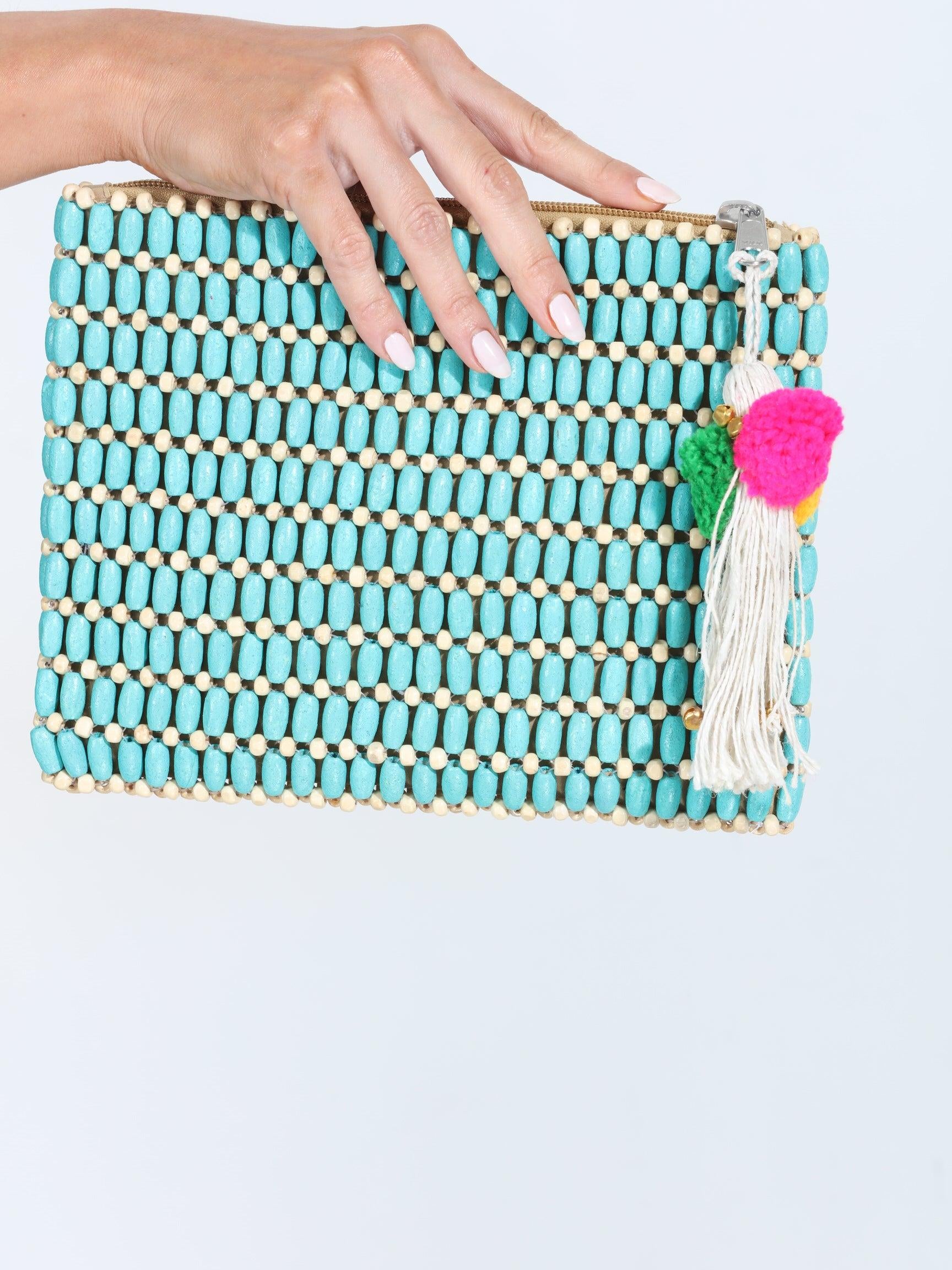 Agua Wooden Bead Clutch- Turquoise
