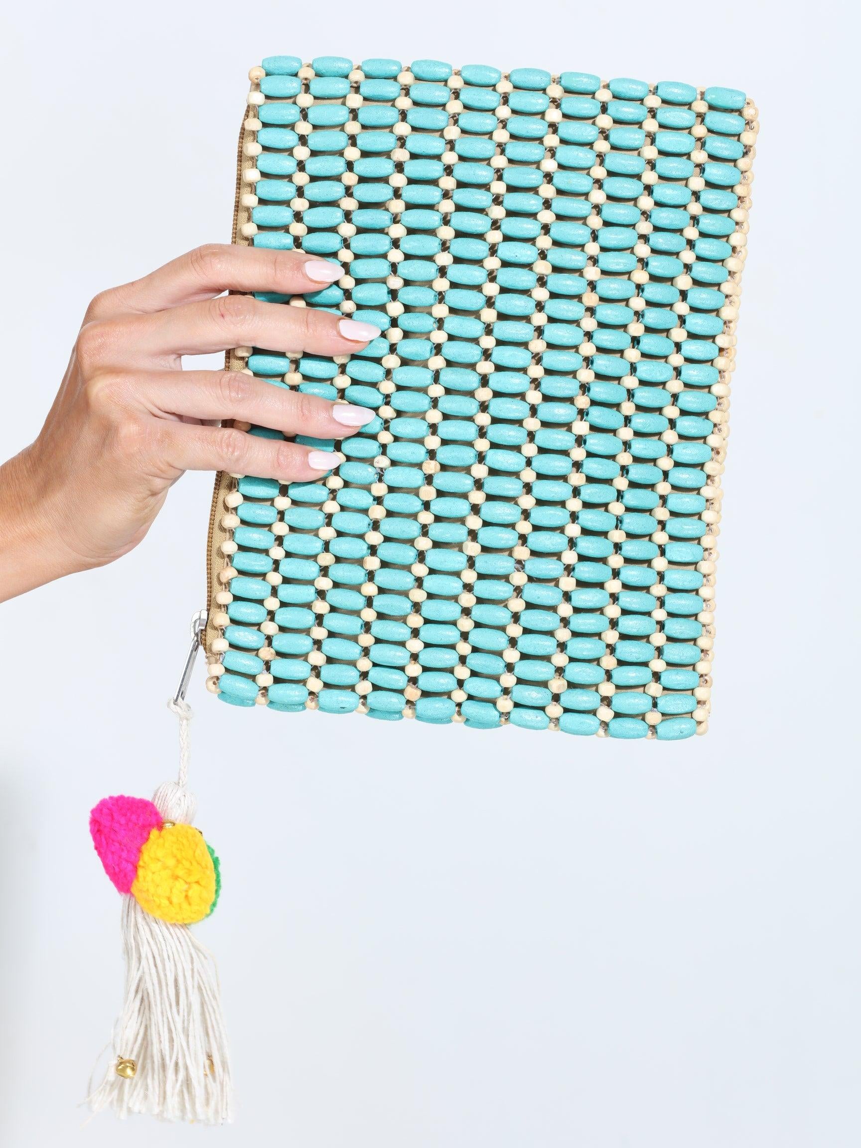 Agua Wooden Bead Clutch- Turquoise
