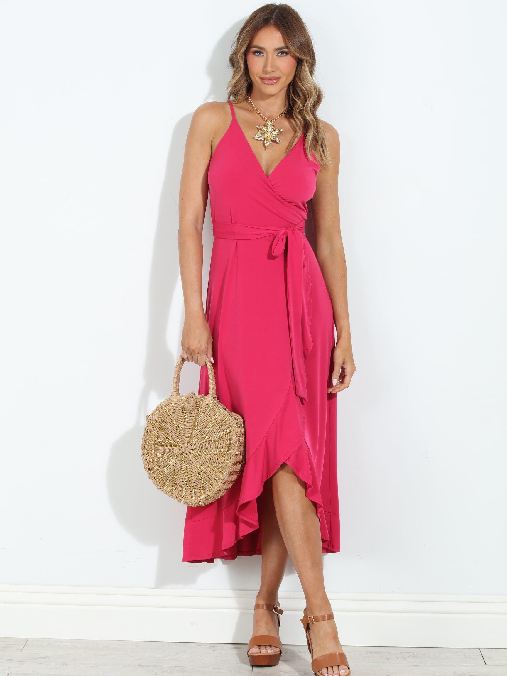 Guava Spaghetti Wrap Midi Dress-BEST SELLER