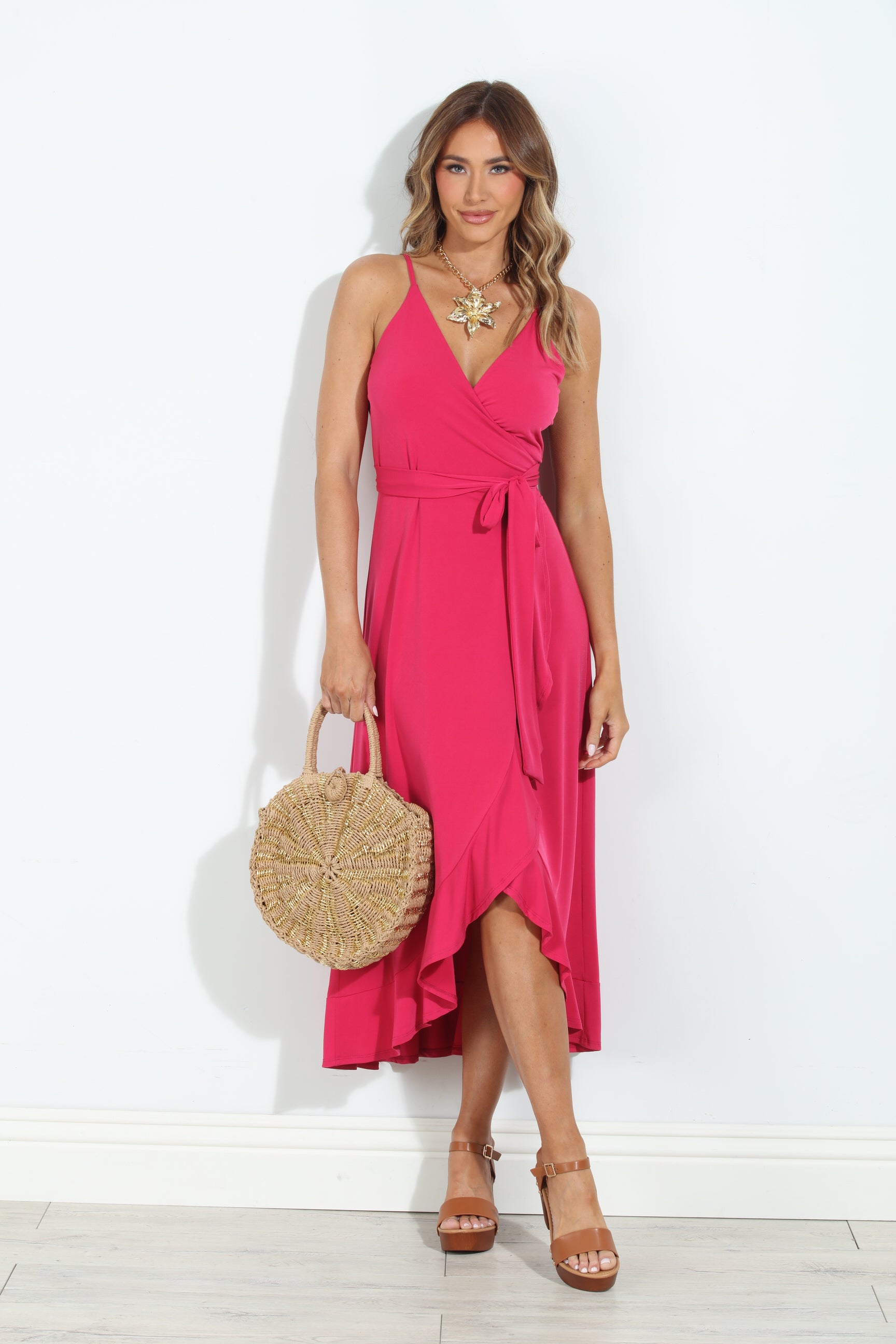 Guava Spaghetti Wrap Midi Dress-BEST SELLER