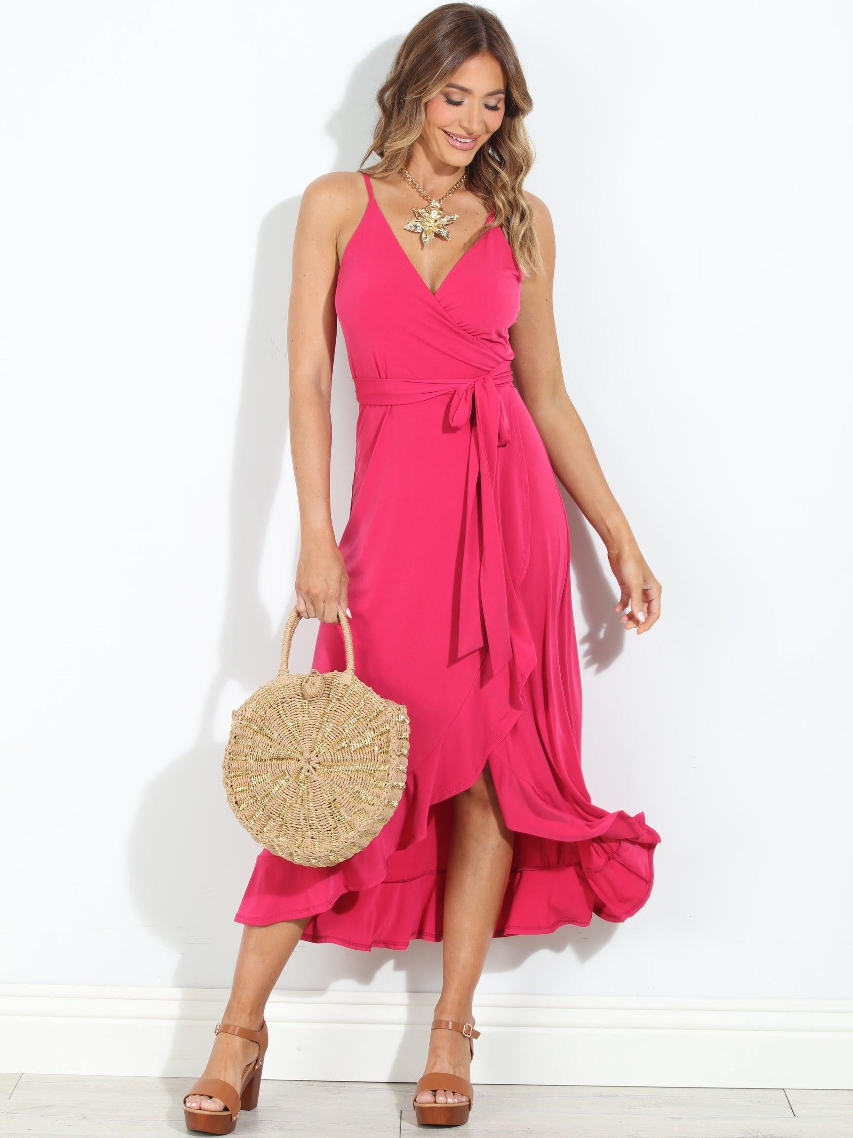Guava Spaghetti Wrap Midi Dress-BEST SELLER