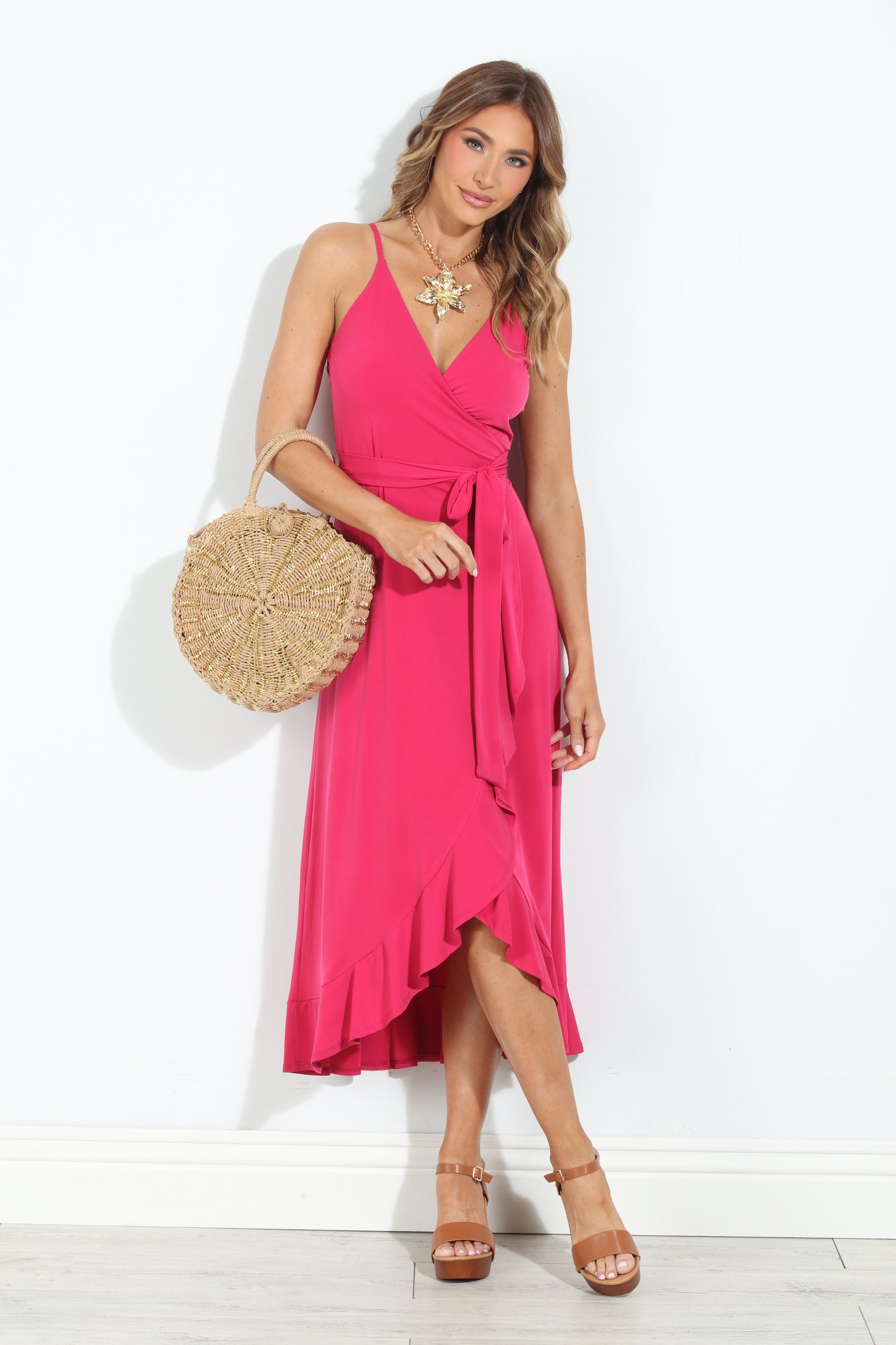 Guava Spaghetti Wrap Midi Dress-BEST SELLER