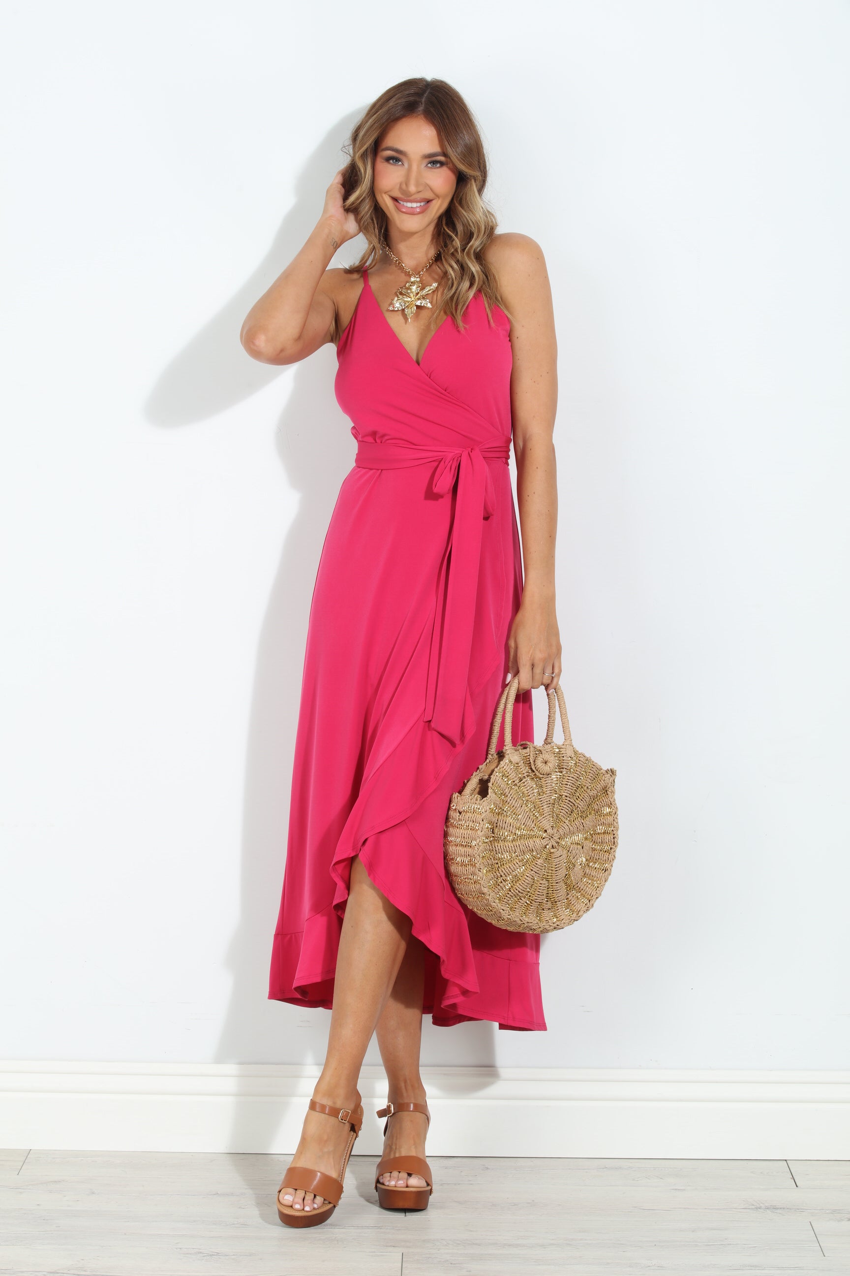 Guava Spaghetti Wrap Midi Dress-BEST SELLER