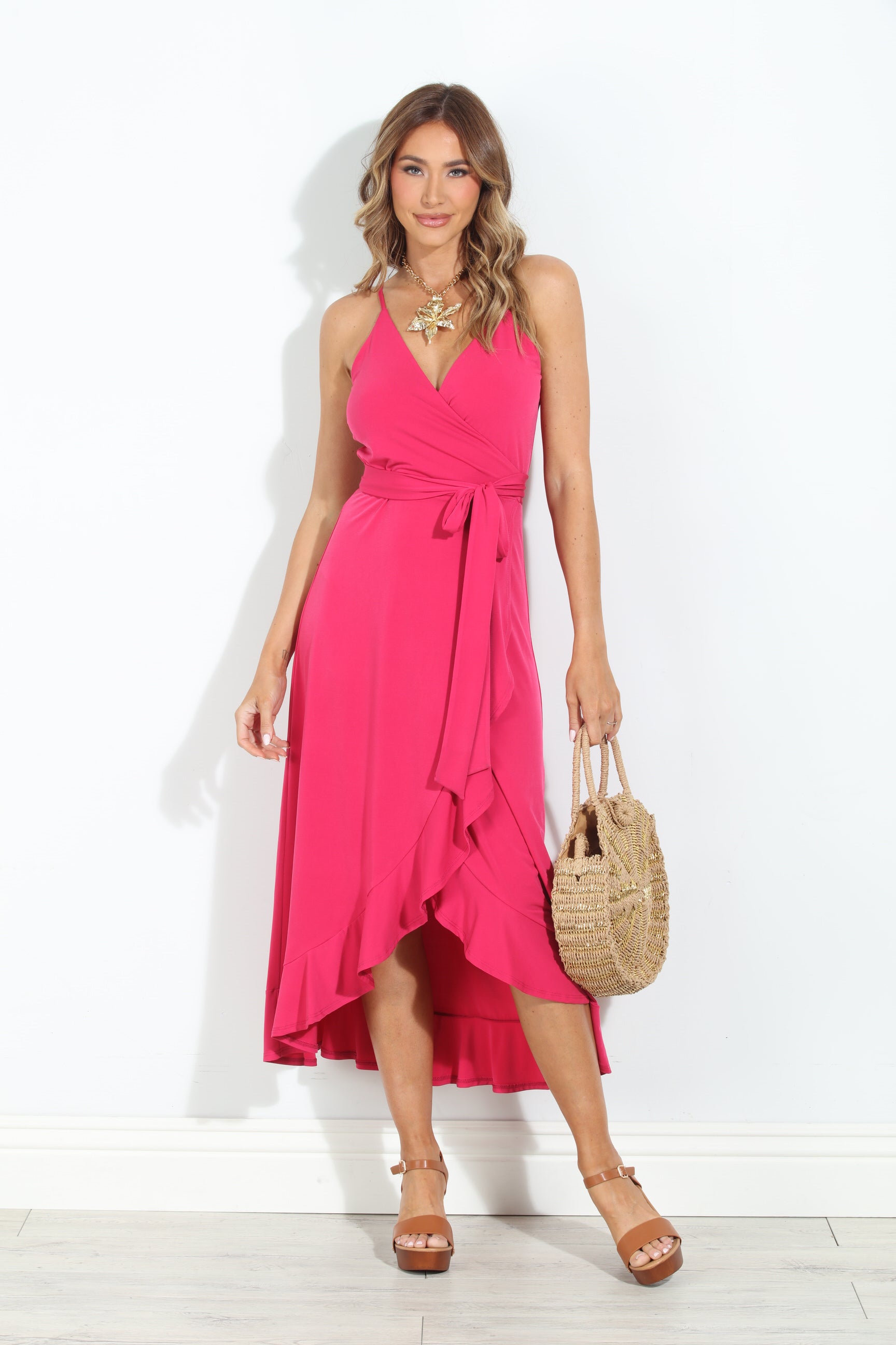 Guava Spaghetti Wrap Midi Dress-BEST SELLER