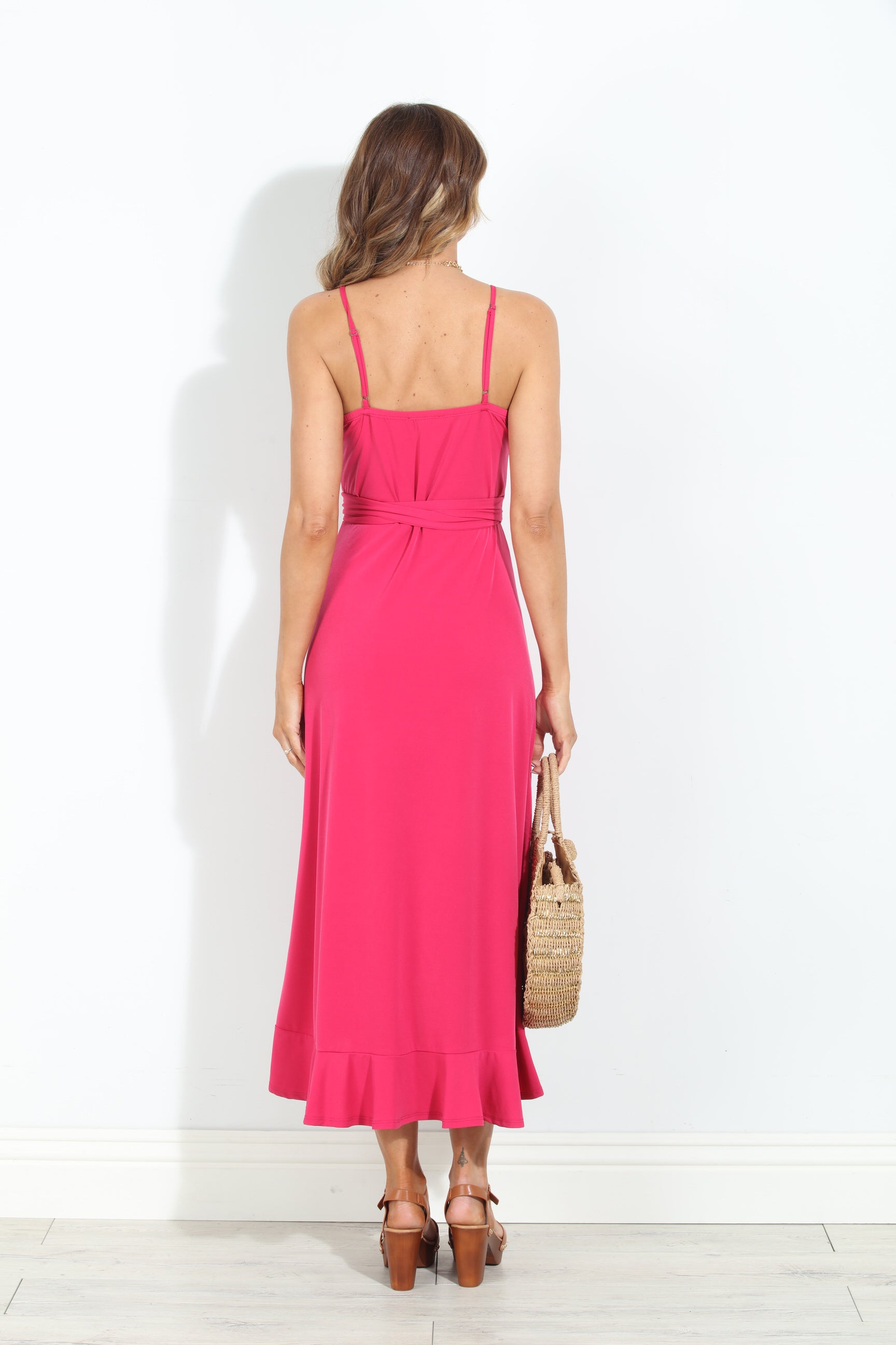 Guava Spaghetti Wrap Midi Dress-BEST SELLER