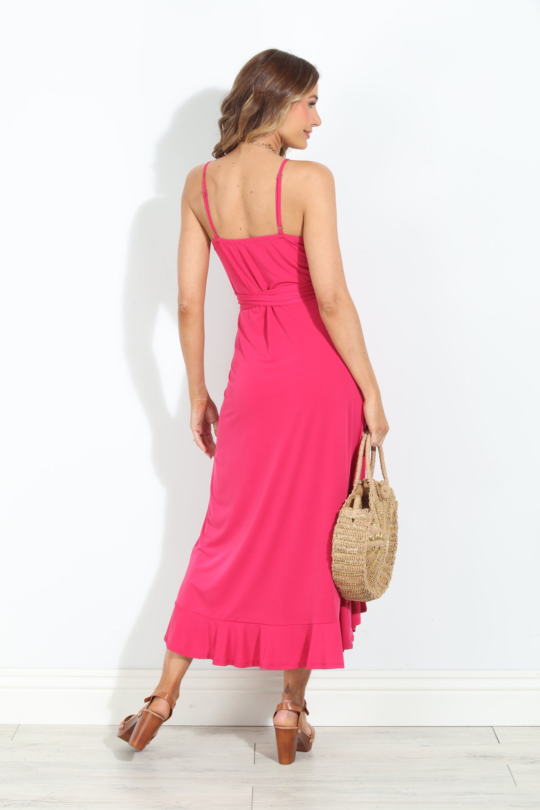 Guava Spaghetti Wrap Midi Dress-BEST SELLER