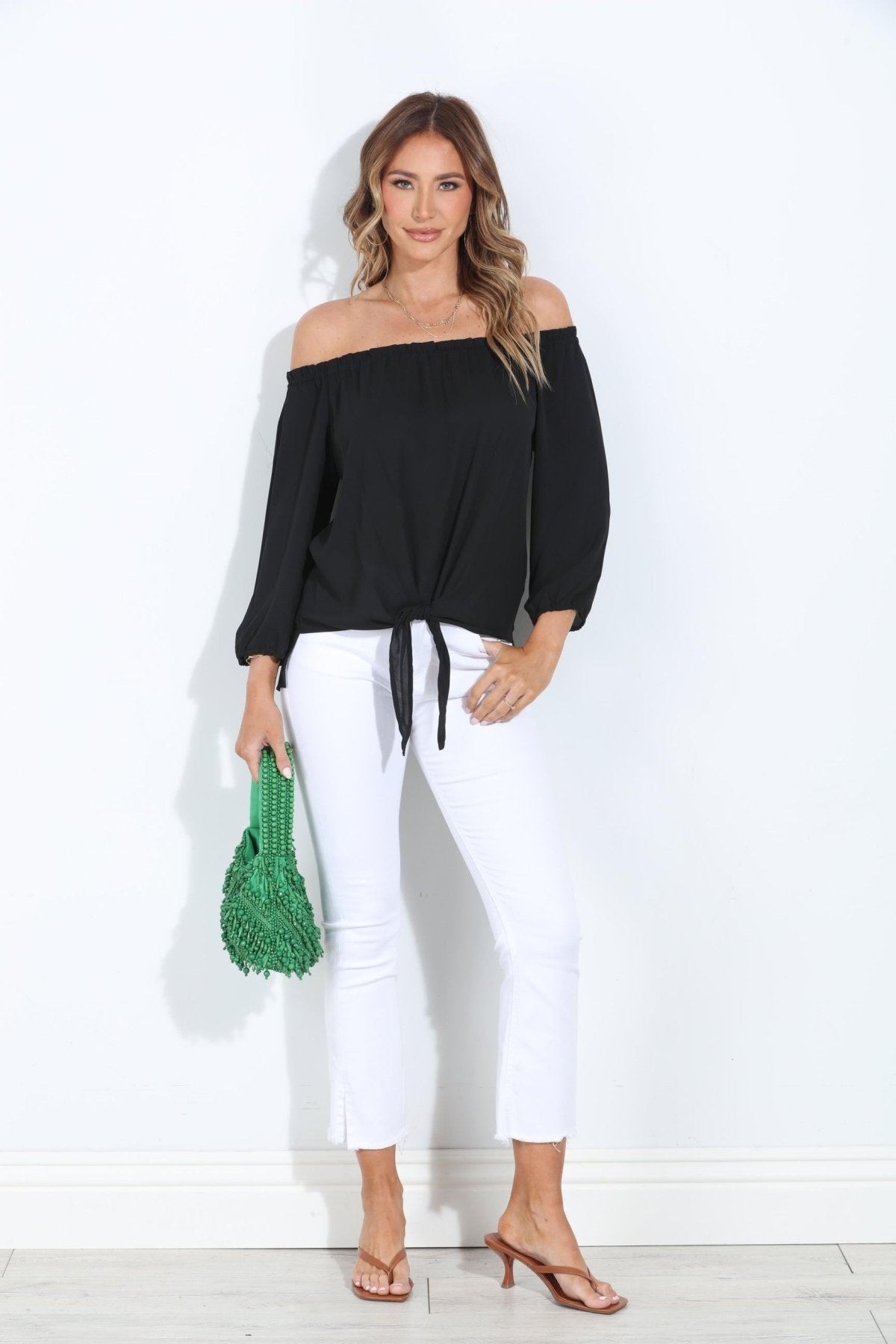 Black OTS Top with Tie-BEST SELLER