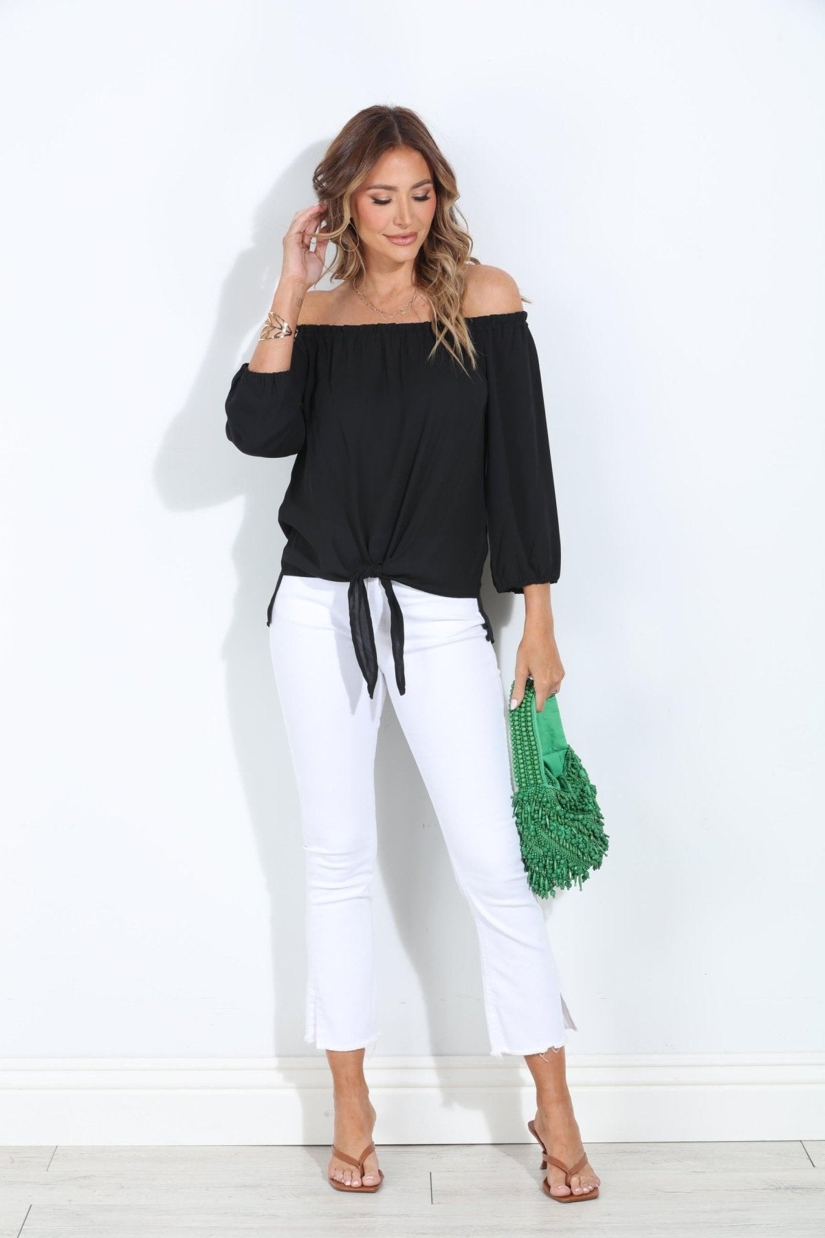 Black OTS Top with Tie-BEST SELLER