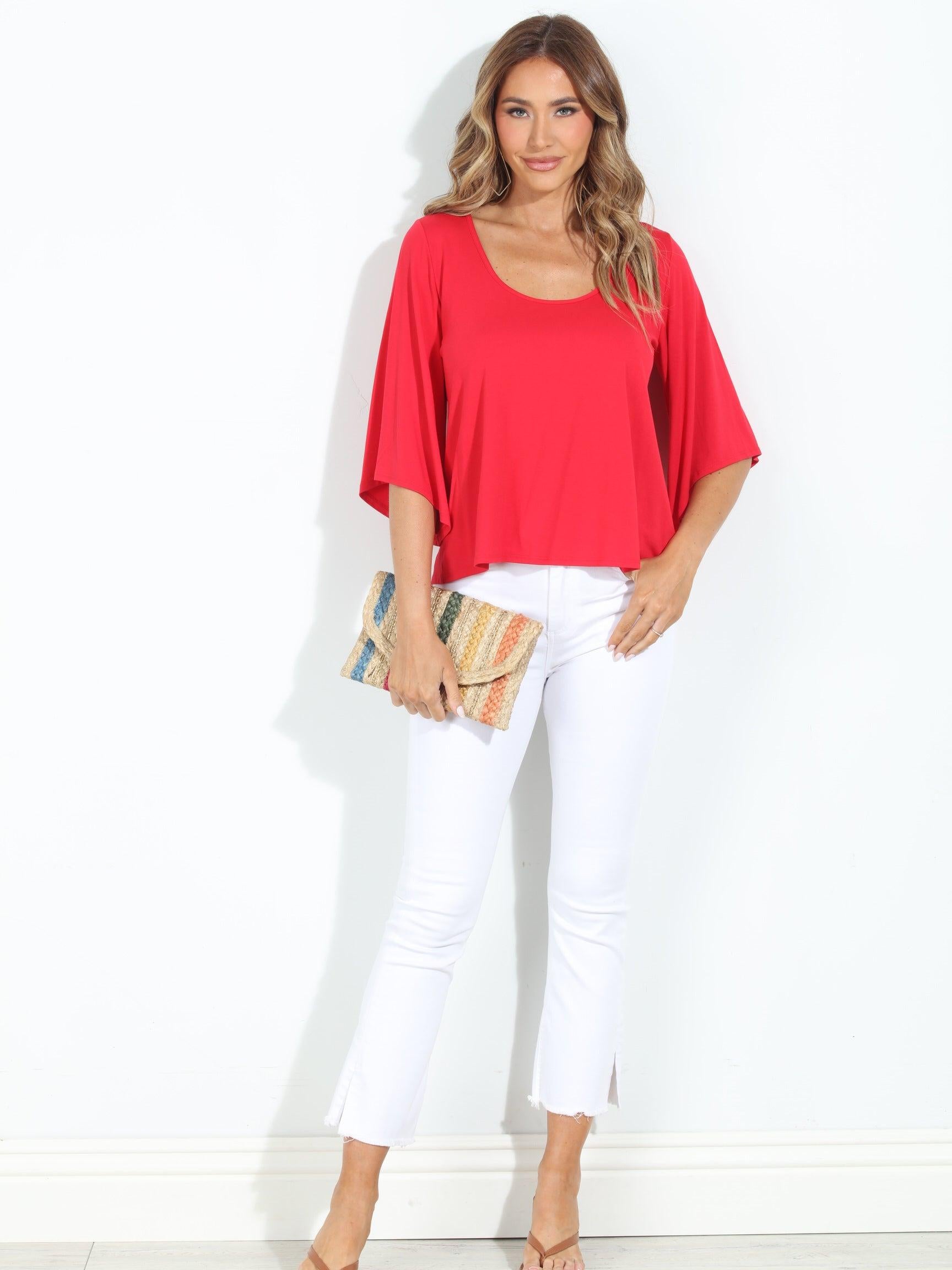 Tomatoe Red Jersey Bell Sleeve Top-BEST SELLER