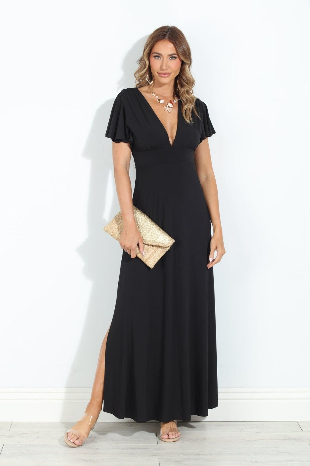 Black Stretch Deep V Flutter Sleeve Maxi Dress - BEST SELLER
