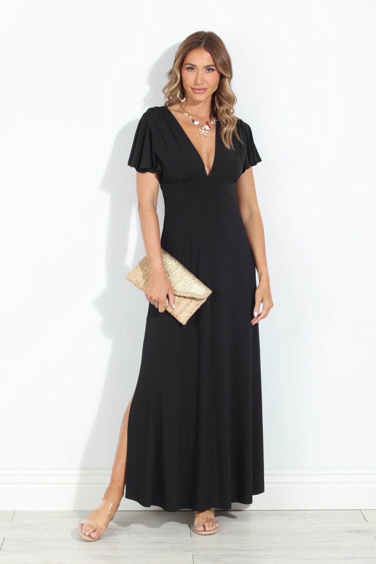 Black Stretch Deep V Flutter Sleeve Maxi Dress - BEST SELLER