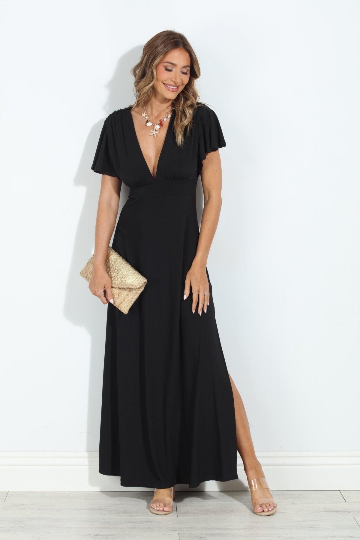 Black Stretch Deep V Flutter Sleeve Maxi Dress - BEST SELLER
