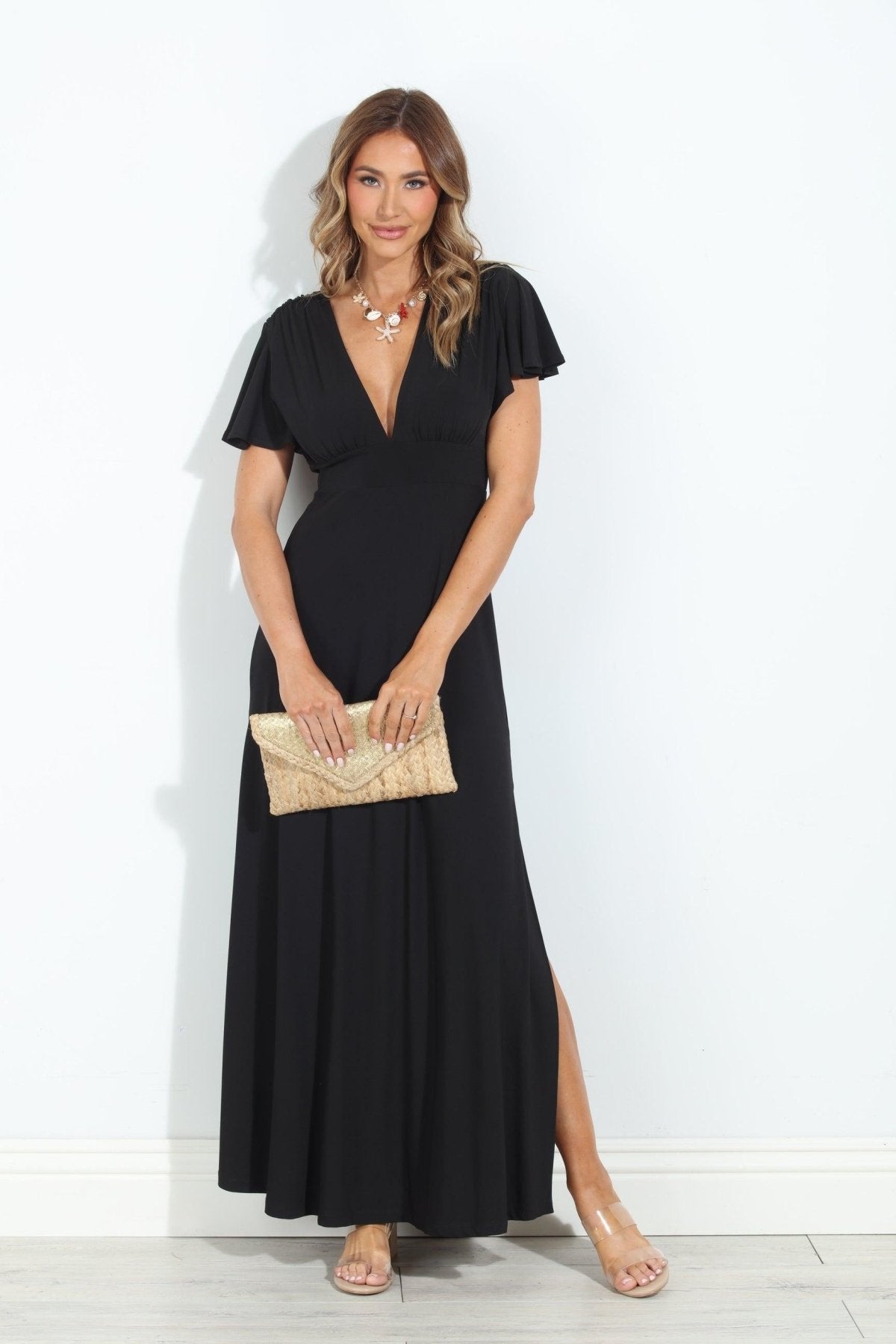 Black Stretch Deep V Flutter Sleeve Maxi Dress - BEST SELLER