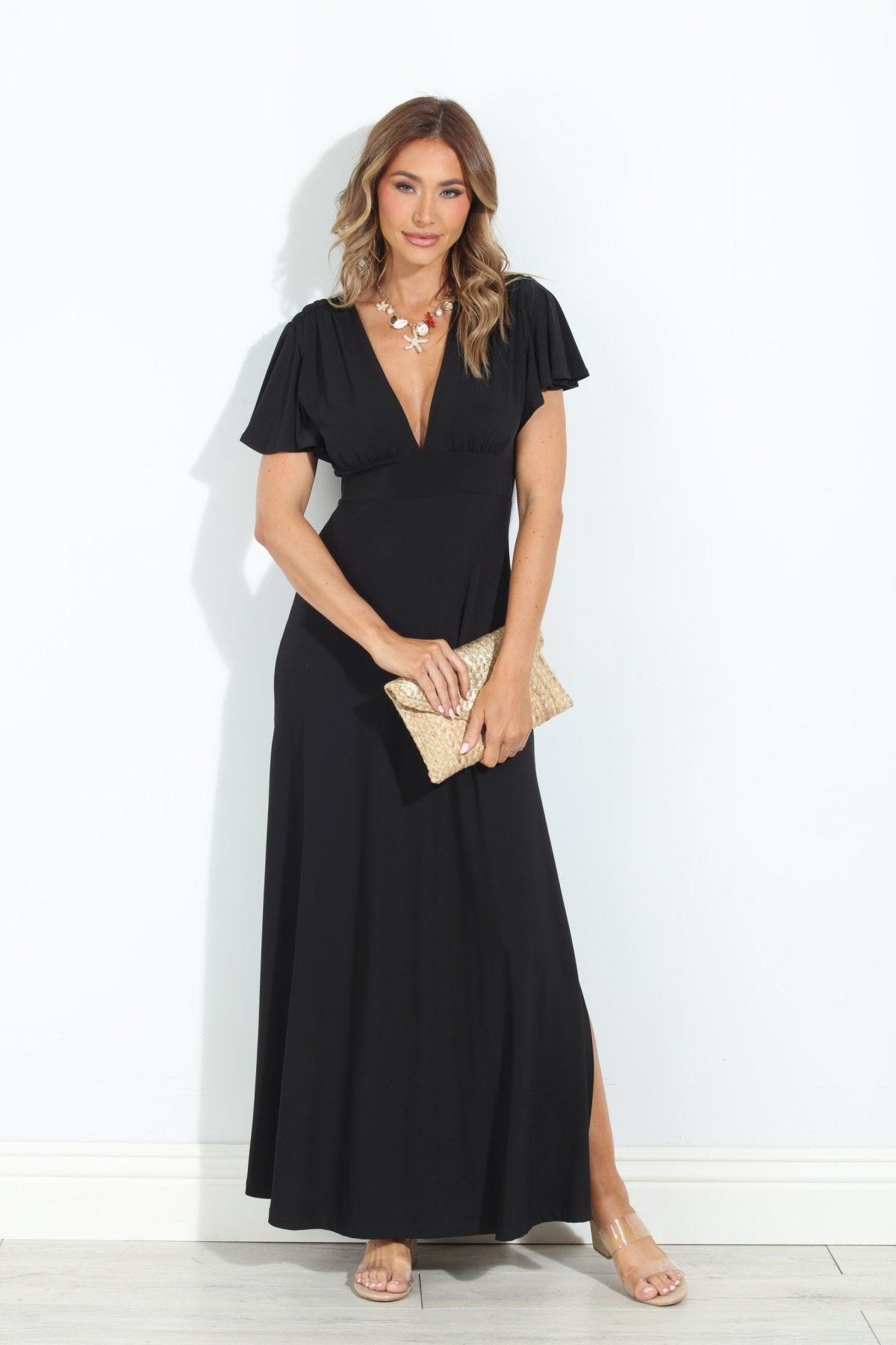 Black Stretch Deep V Flutter Sleeve Maxi Dress - BEST SELLER
