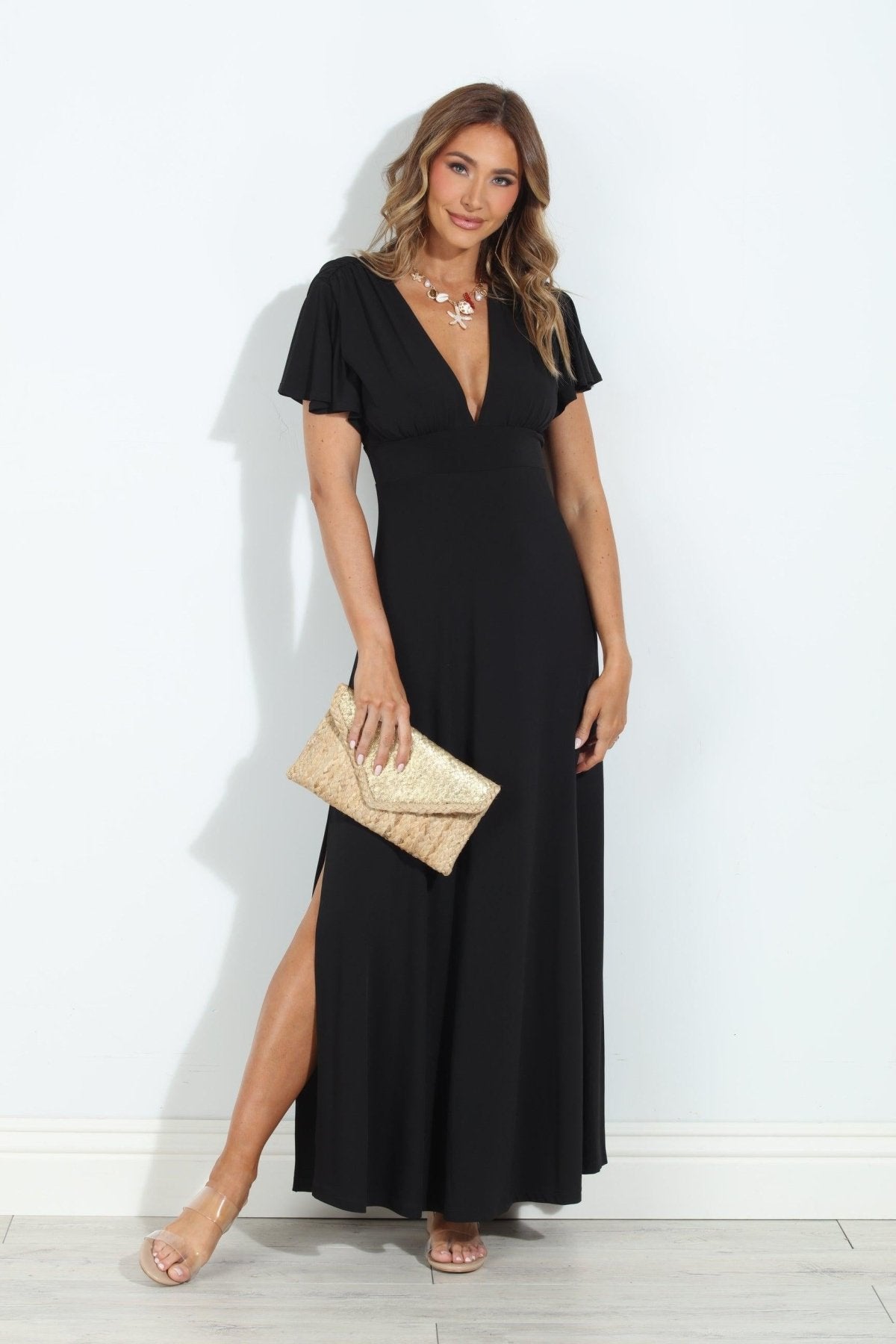 Black Stretch Deep V Flutter Sleeve Maxi Dress - BEST SELLER M Black Stretch Deep V Flutter Sleeve Maxi Dress - BEST SELLER M