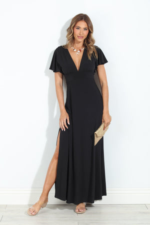 Black Stretch Deep V Flutter Sleeve Maxi Dress - BEST SELLER