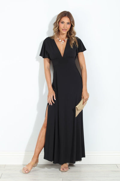 Black Stretch Deep V Flutter Sleeve Maxi Dress
