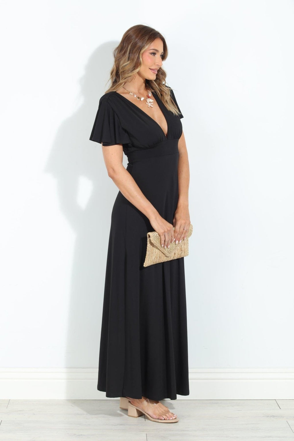 Black Stretch Deep V Flutter Sleeve Maxi Dress - BEST SELLER